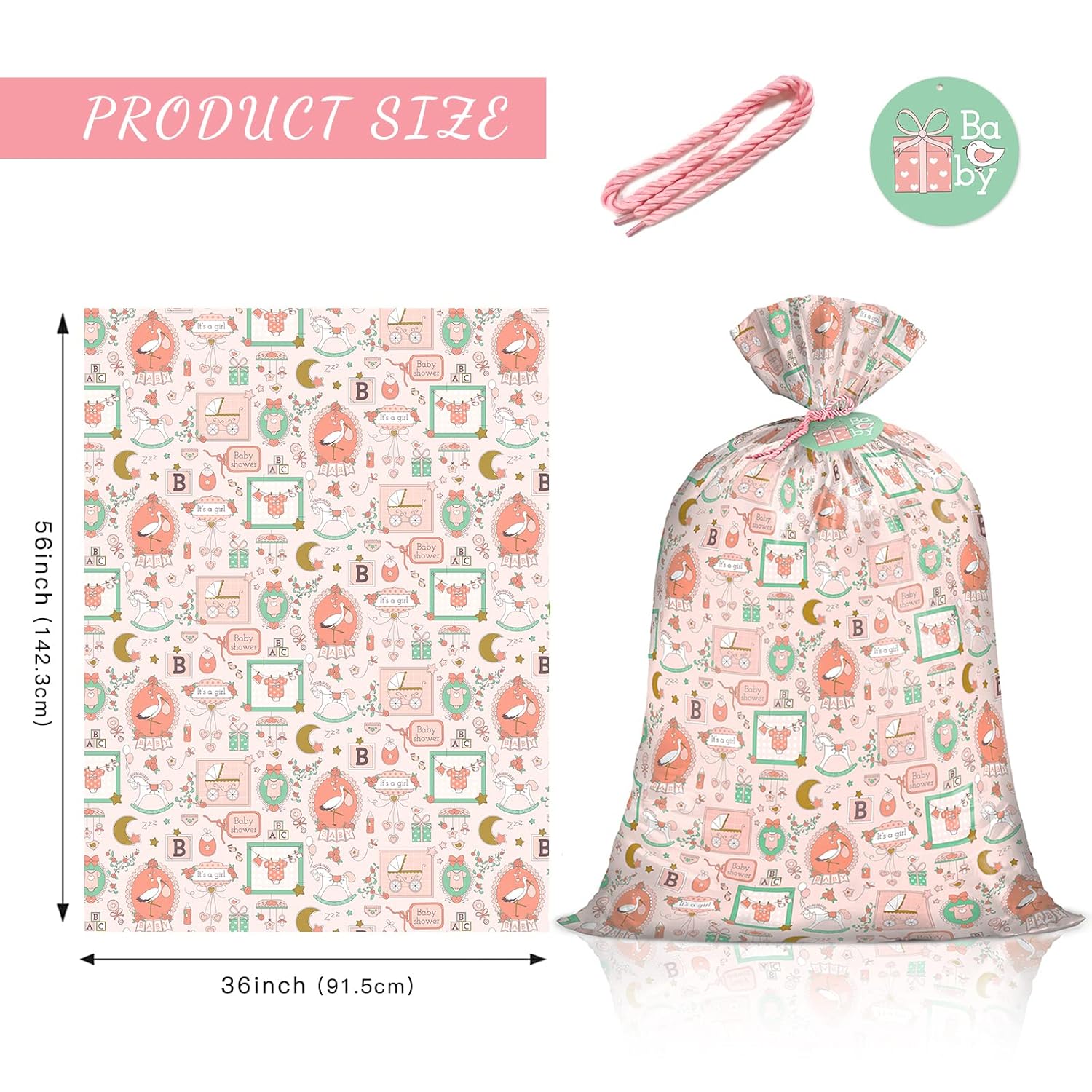 56" Large Baby Girl Plastic Gift Bag - Pink Baby Girl Design For Baby Shower, Kids Birthdays, Parties, Celebrating, Or Any Occasion - 56" H X 36" W