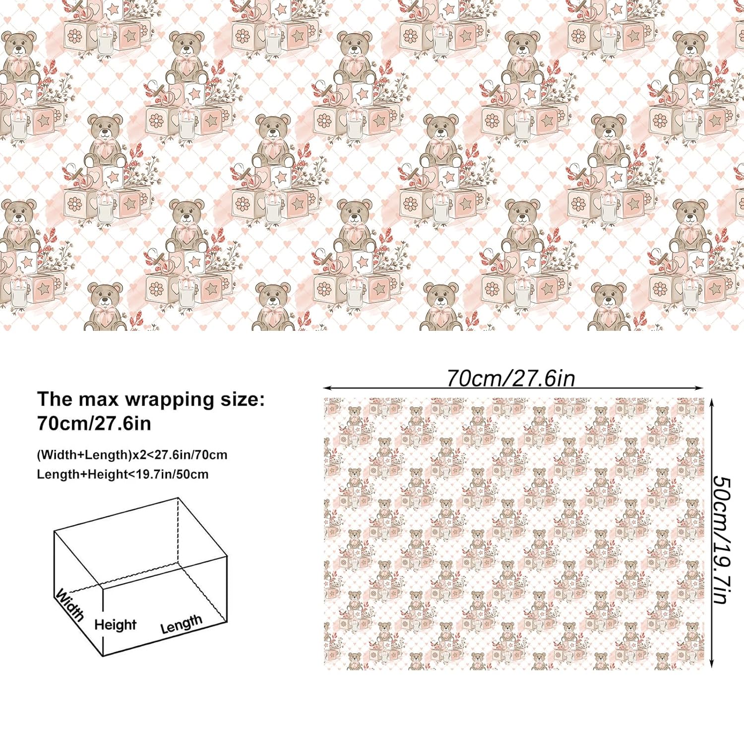 Baby Girl Wrapping Paper 8 Pc Pink Gifts Wrap Bear Stroller Patterns For Kids Girls Baby Shower Birthday Holiday 19.6 X27.8Inch