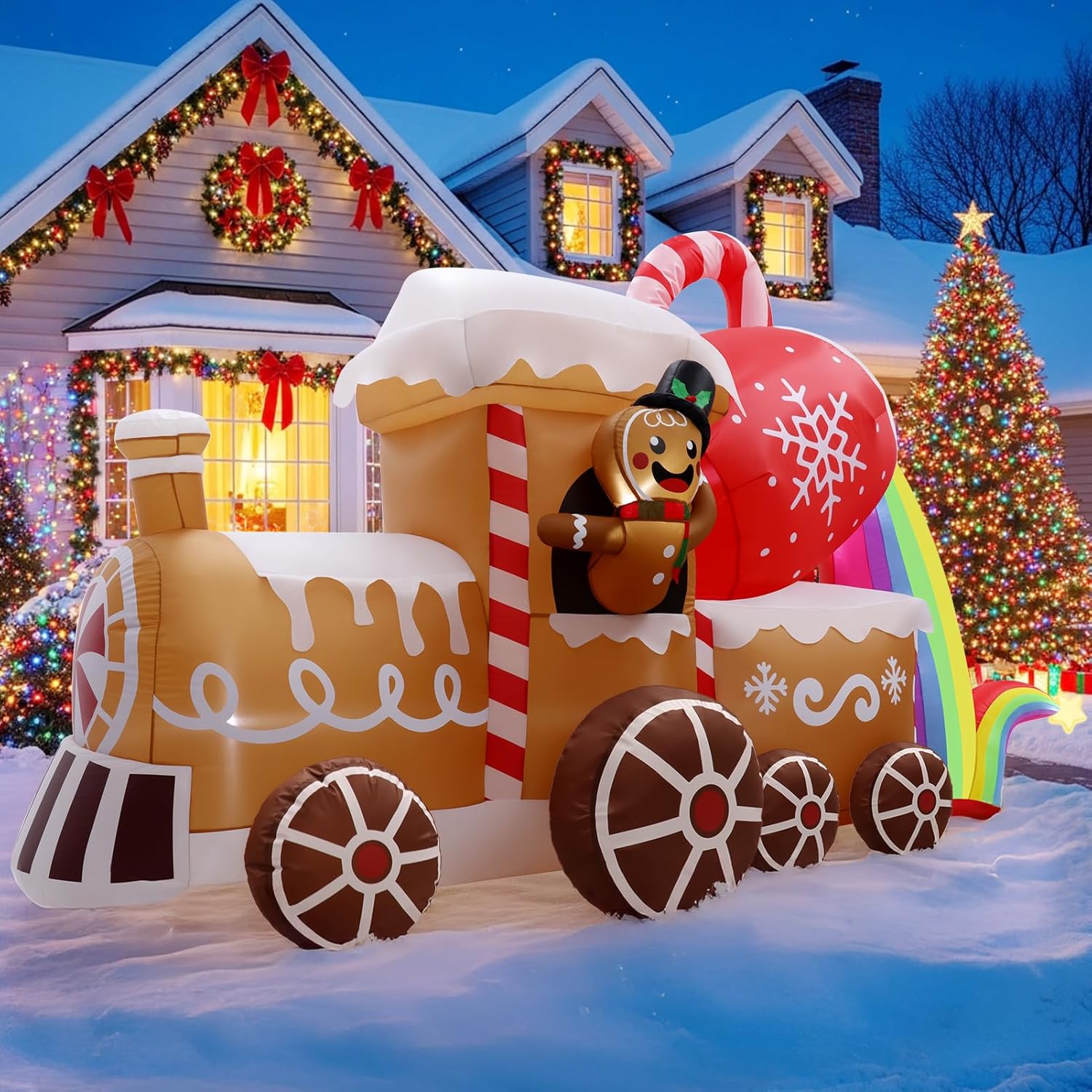 10 Ft Long Christmas Inflatables Train Decorations, Gingerbread Train Blow Up Outdoor Inflatable Decor With Built-In Led