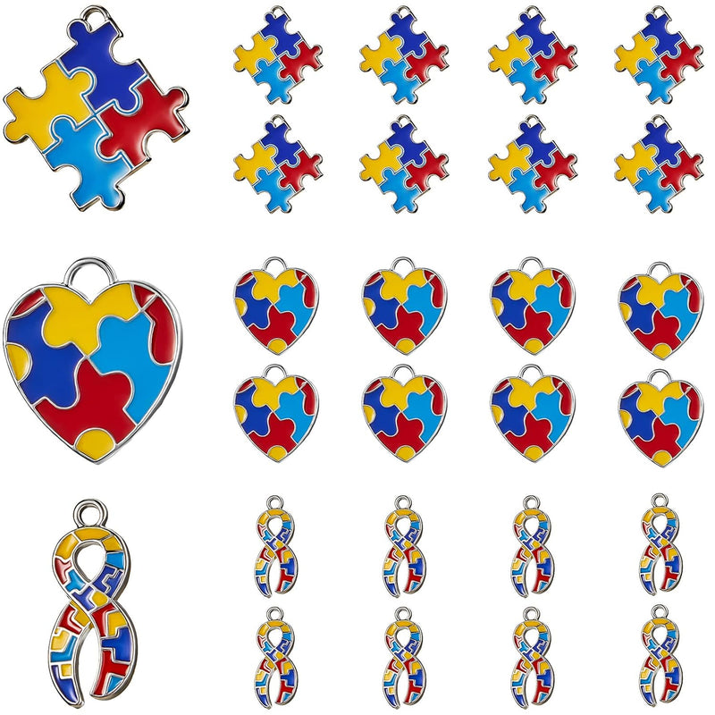 24 Pieces Autism Charms Pendants Ribbon Heart Square With Puzzle Shape Charms