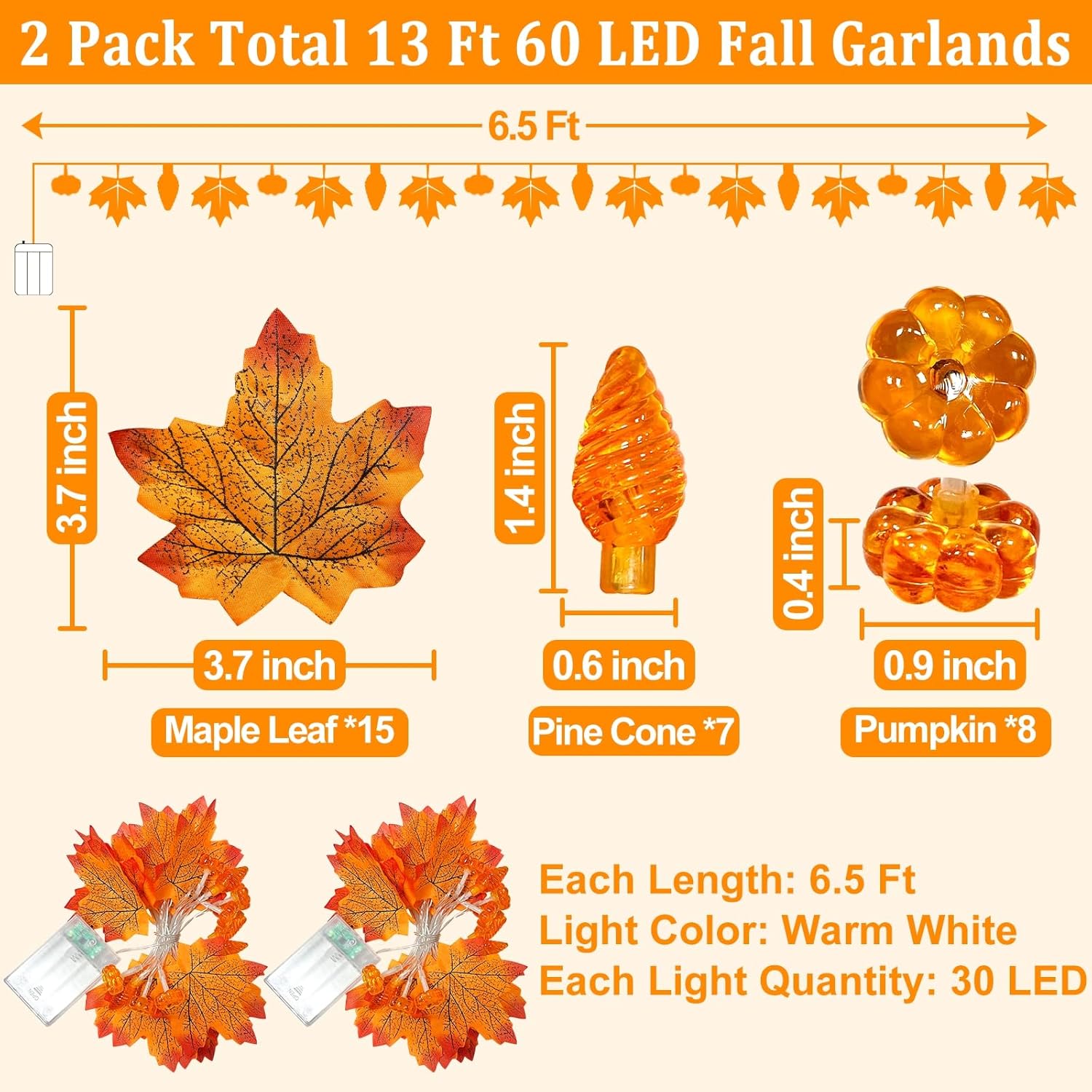 2 Pack & Timer Fall Thanksgiving Garland With Pinecone Pumpkin Lights Total 13Ft 60Led Enlarged Maples Leaves Garland Fa