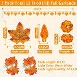 2 Pack & Timer Fall Thanksgiving Garland With Pinecone Pumpkin Lights Total 13Ft 60Led Enlarged Maples Leaves Garland Fa