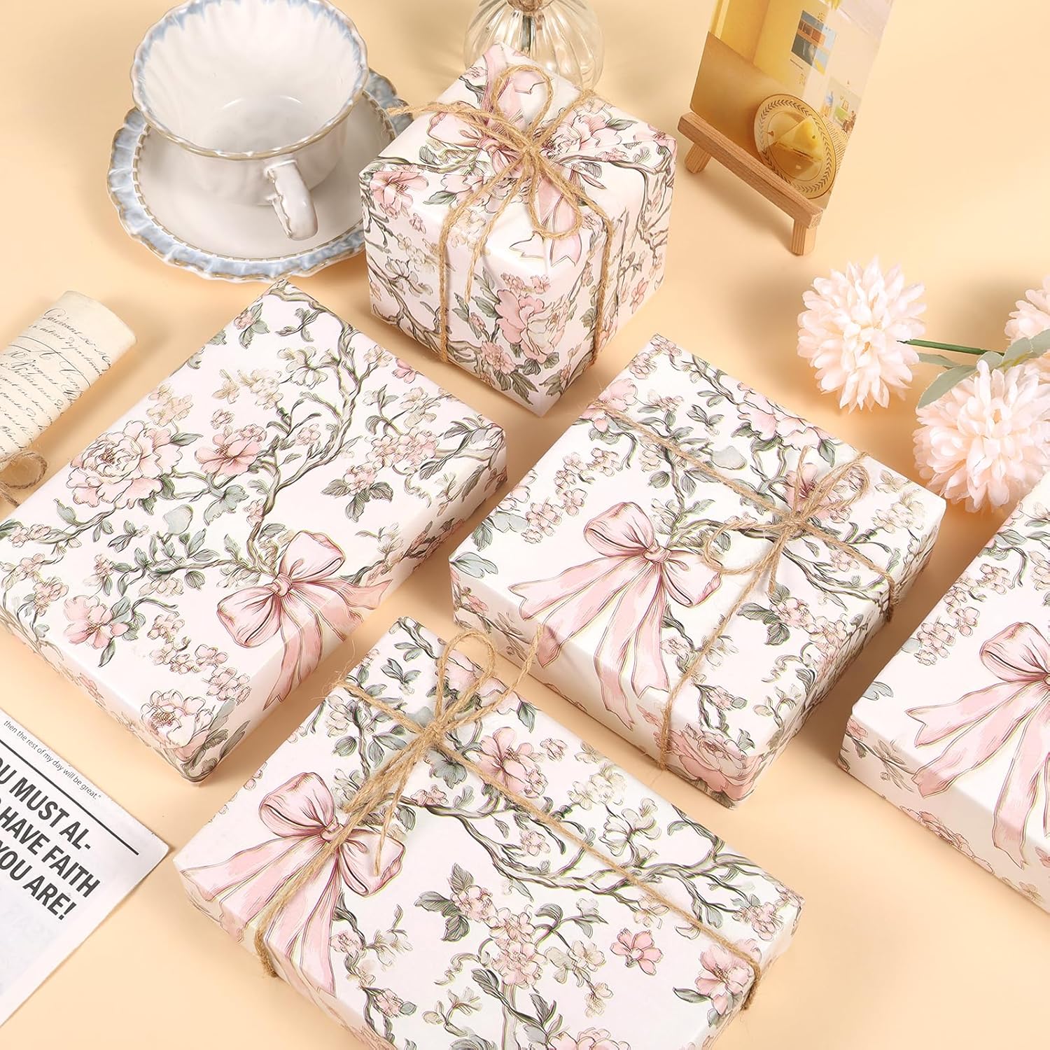 1 Roll Pink Bow And Flower Wrapping Paper Mini Roll - 17 In X 33 Ft - Coquette Vintage Floral Pink Bows Gift Wrap Paper For Valentine Birthday Wedding Baby Shower Engagement Bridal Shower