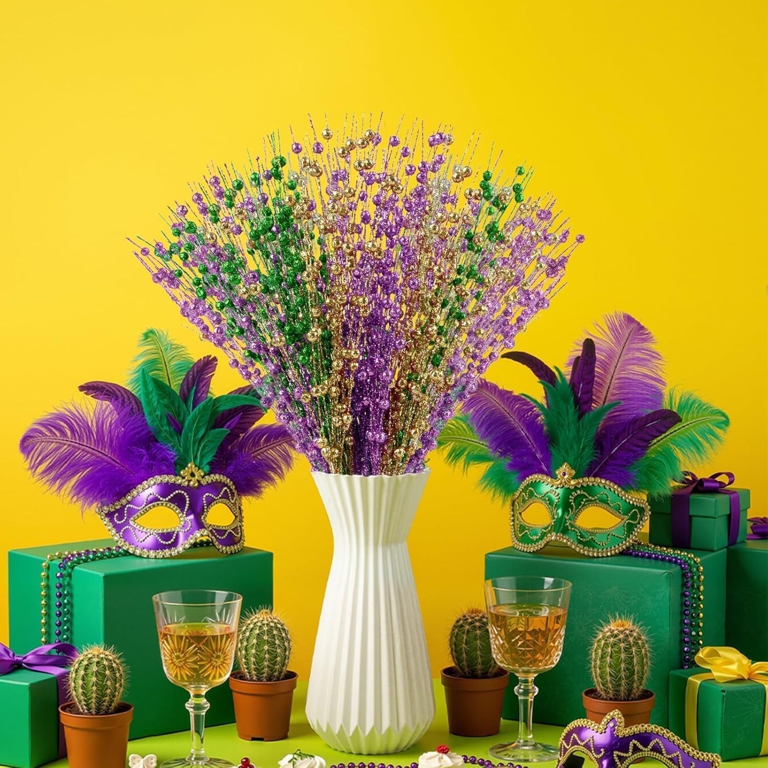 Mardi Gras Decorations, 20Pcs Carnaval Picks Table Centerpiece Decor, Artificial Glitter Berry Stems In Purple Green Gold For Mardi Gras Christmas Tree Party Ornaments Decoration