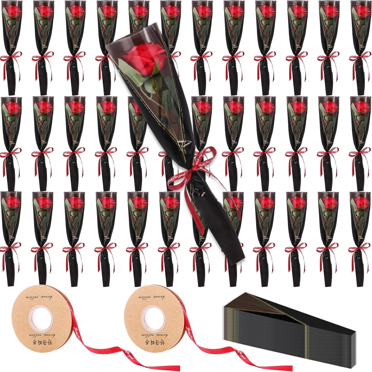 36 Pack Single Rose Gift Wrapping Set, Artificial Roses Bulk With Flower Sleeves, One Stem Rose Packaging For Valentine'S Day, Anniversary, Romantic Mother'S Gifts(Black)
