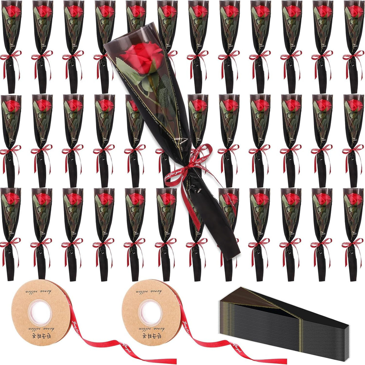 36 Pack Single Rose Gift Wrapping Set, Artificial Roses Bulk With Flower Sleeves, One Stem Rose Packaging For Valentine'S Day, Anniversary, Romantic Mother'S Gifts(Black)