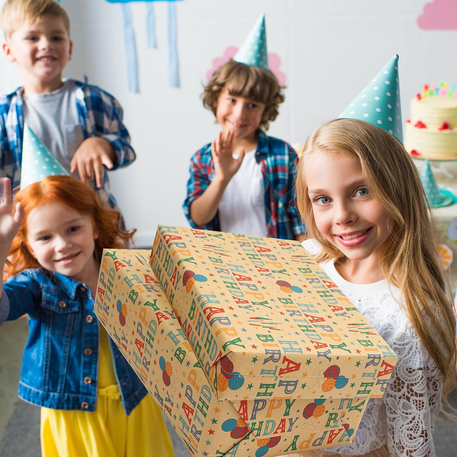 Kraft Birthday Wrapping Paper Roll For Boys Girls Kids Men Women - Reversible Happy Birthday Gift Wrap Paper For Holiday Party - 1 Roll, 17.2 Inch X 33 Feet