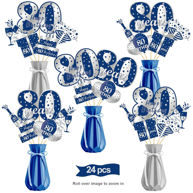 24Pcs 80Th Birthday Decorations Table Topper For Men, Blue Silver 80 Y