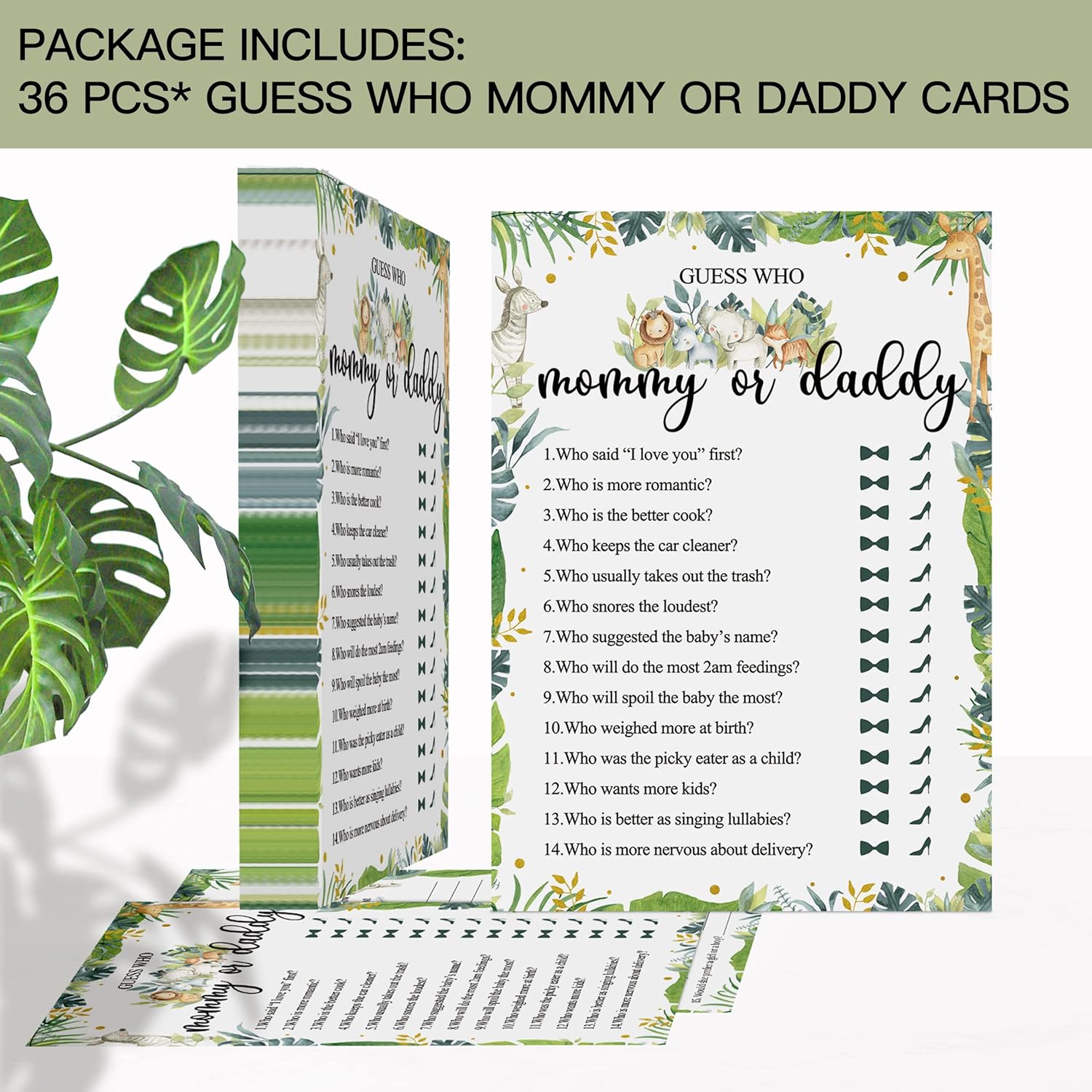 36 Guess Who Mommy Or Daddy Game Safari, Safari Jungle Baby Shower Games Cards, Wild Animal Themed Baby Shower Games Favor Decoration(5X7 Inches)