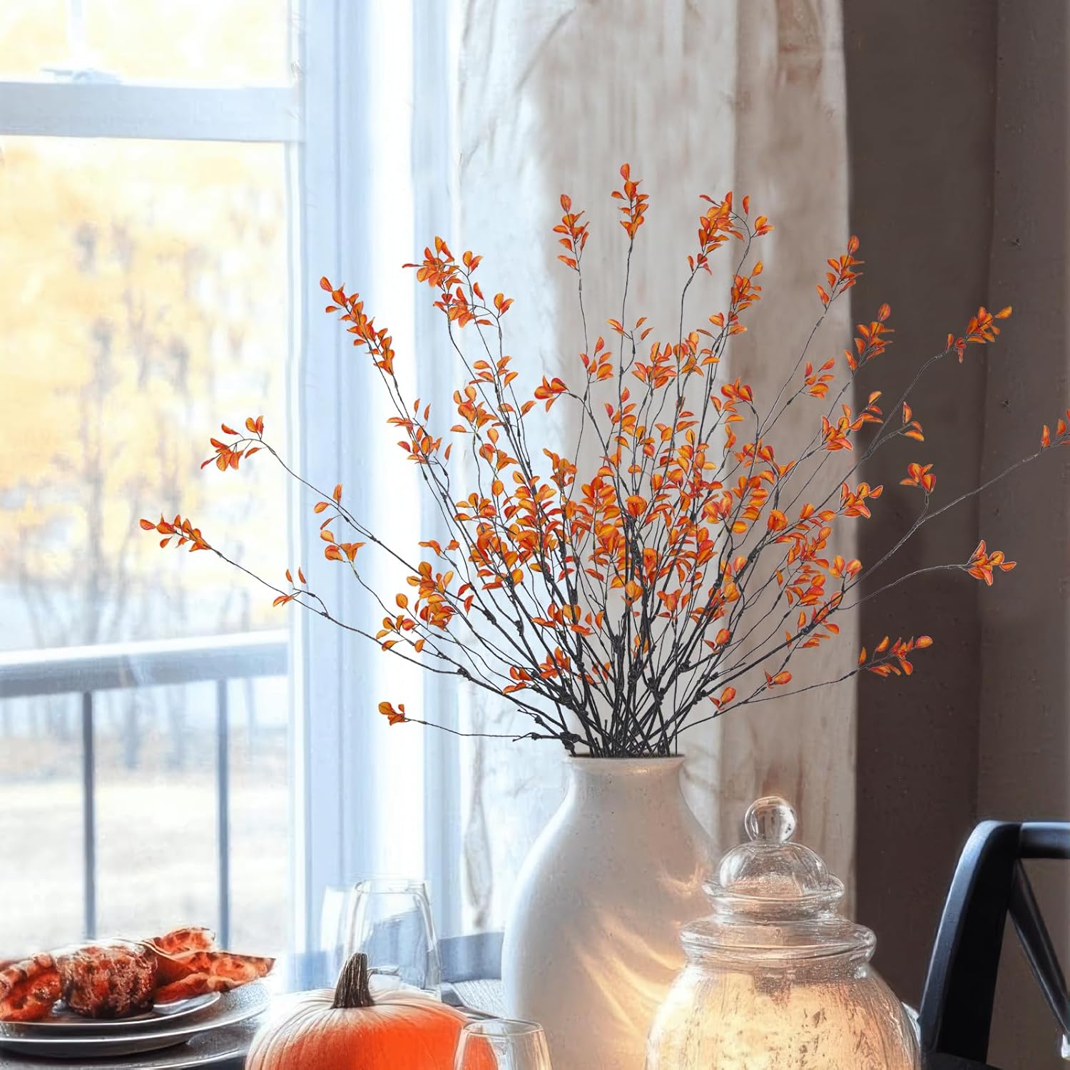 4 Pcs Artificial Greenery Stems Plants 35.4" Faux Branches For Vase Filler Fake Ficus Twig Plants Orange Leaves For Home Office Party Wedding Shop Autumn Fall Decoration