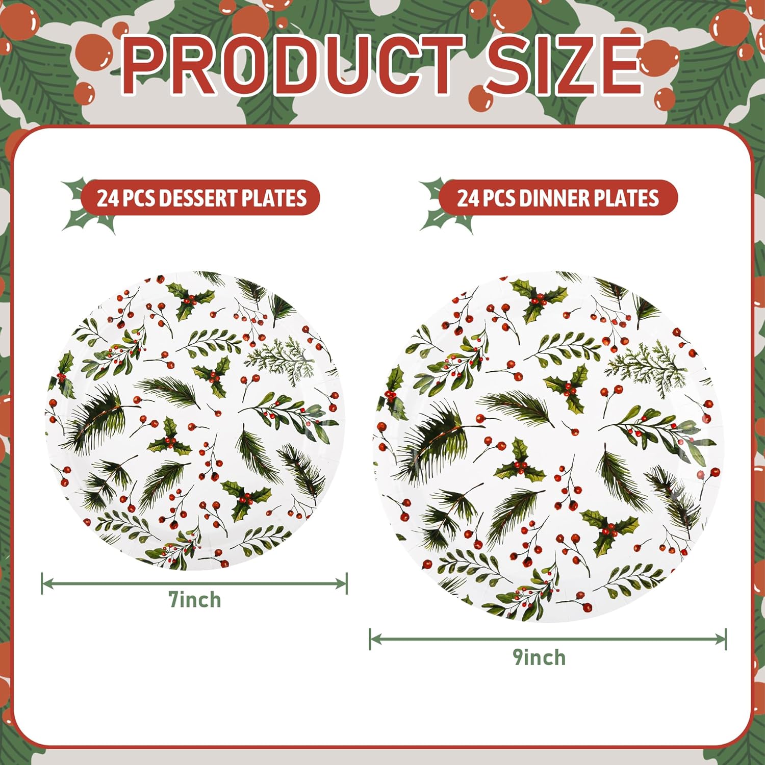 48Pcs Christmas Paper Plates Holly Berries Disposable Party Plates Festive Red Green Holiday Dinnerware Merry Christmas Winter Round Plates For New Year Gatherings Party Table Supplies