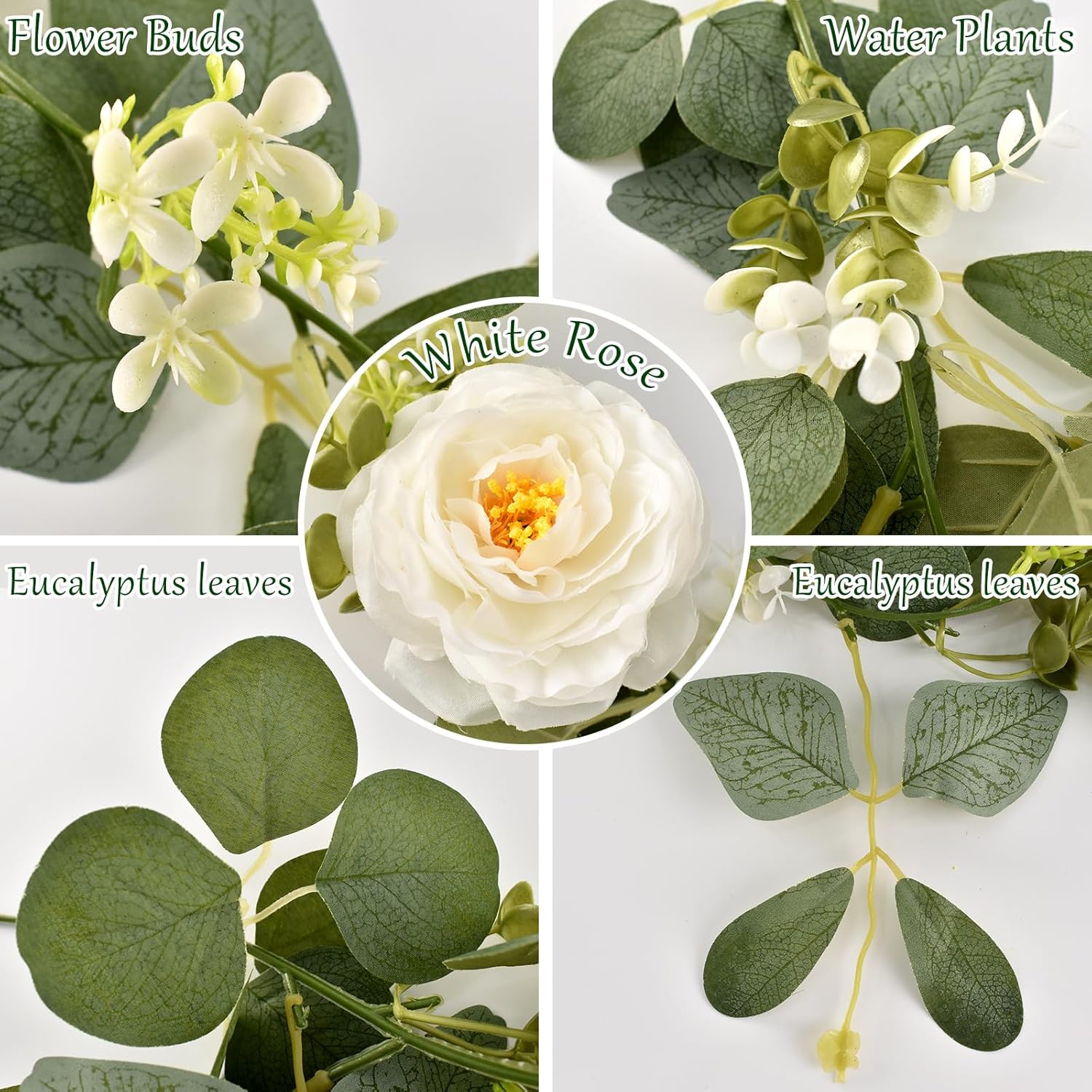 6Ft Artificial Eucalyptus Flower Garland,Flower Garlands With 6 White Roses,Eucalyptus Garland With Flowers Use For Wedding/Table/Backdrop/Arch Birthday Party Indoor Outdoor Decor