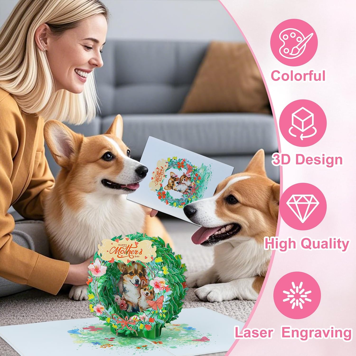 3D Pop Up Mothers Day Card - Happy Mothers Day Corgi Dog Mom Pop Up Gift Greeting Card With Envelope For Best Mom Women Wife Daughter Grandma