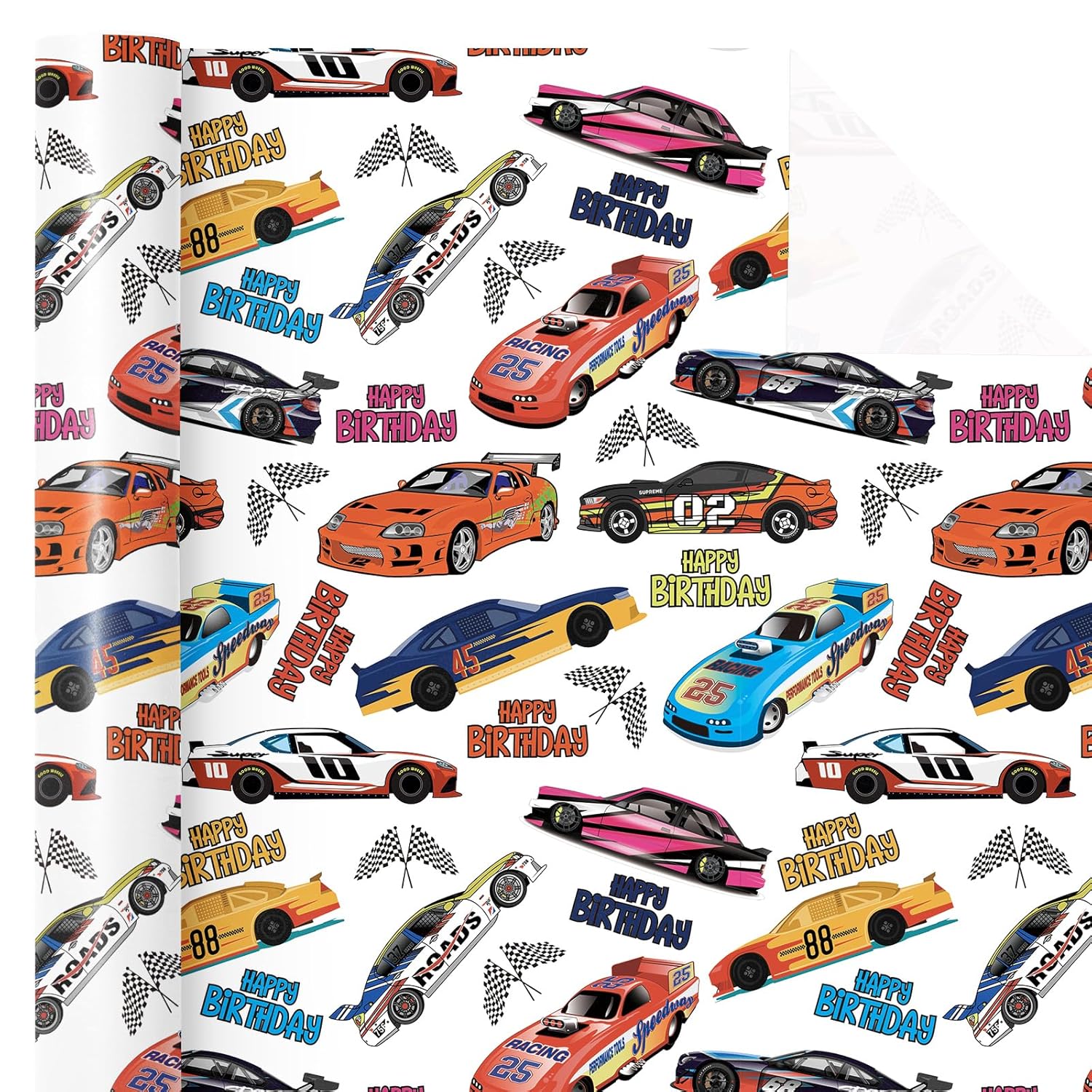 Racing Car Wrapping Paper Roll - Mini Roll - 17 Inch X 16.5 Feet - Happy Birthday Car Wrapping Paperfor Kids Boys Birthday, Baby Shower
