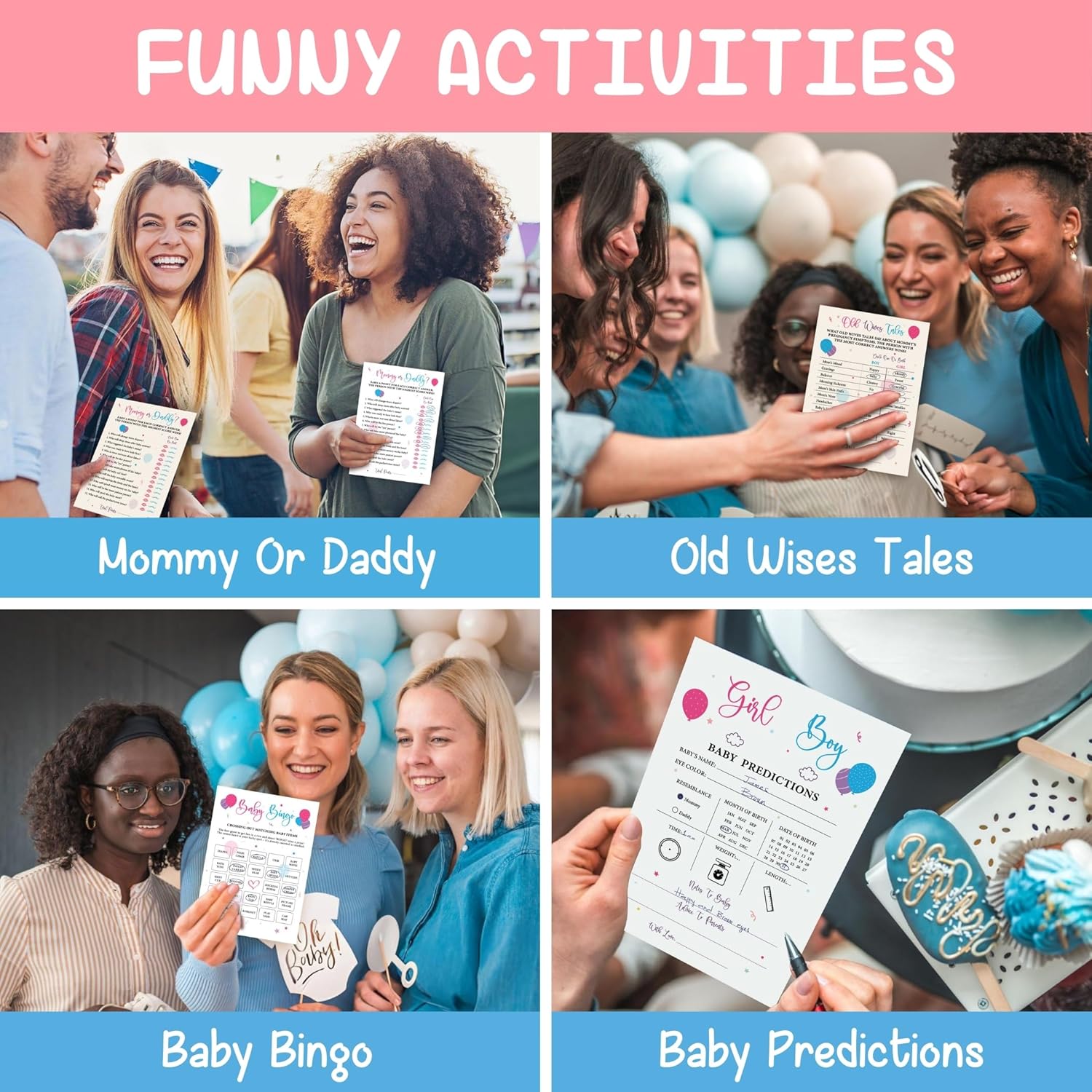 Baby Gender Reveal Games For Guests - 4 Funny Baby Shower Games For Gender Reveal Party Decorations, Boy Or Girl Gender Reveal Ideas Prediction Cards, Old Wives Tales Baby Bingo Game