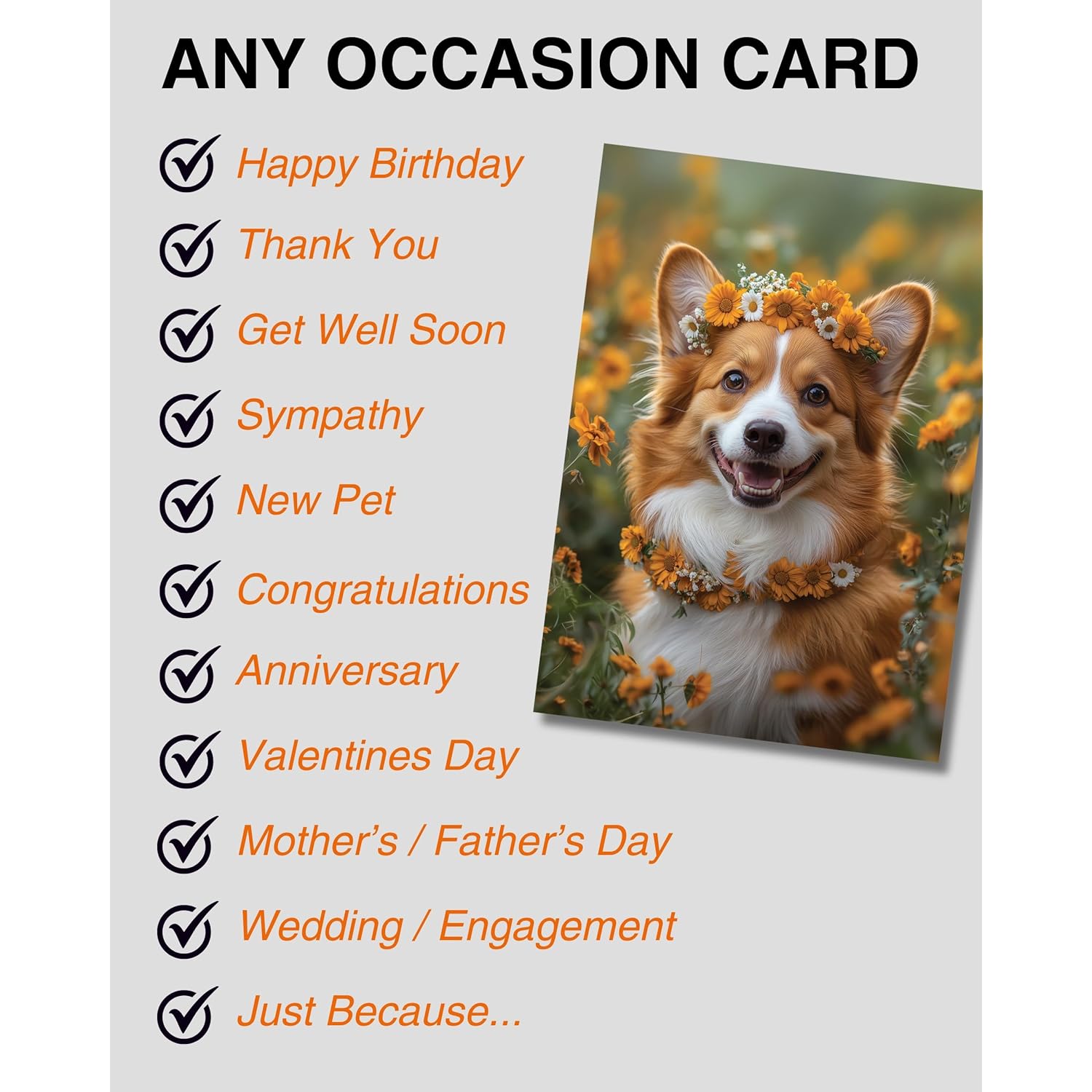 Charming Corgi With Flowers Greeting Card - Blank Inside For Personalized Messages, Premium Cardstock, Invitation Style White Envelope, Unique Artwork, Made By Small Business In Usa