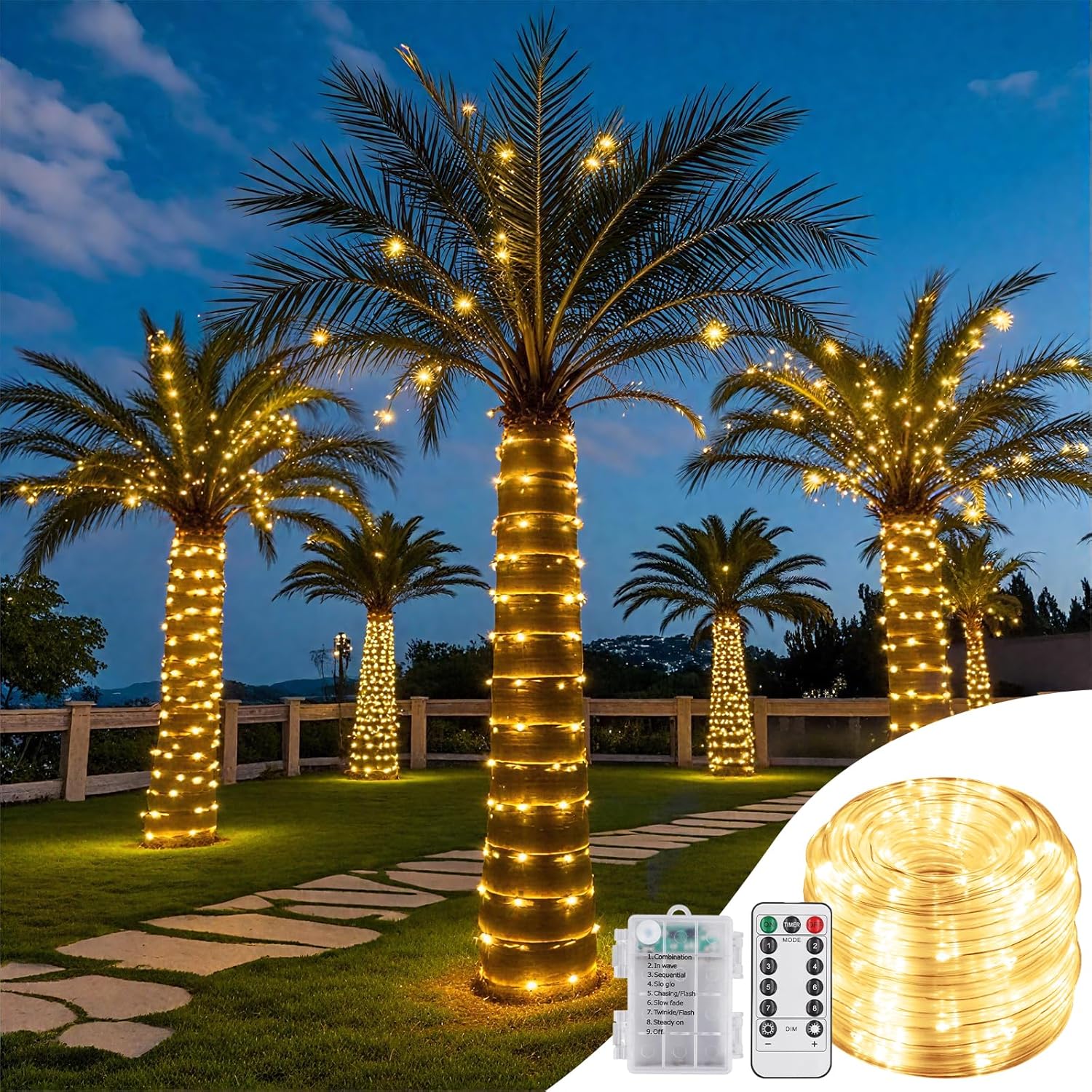 1 Pack Battery Powered String Lights Waterproof With Remote 33Ft 100Led Timer 8 Modes Battery Operated Outdoor Lights For Christmas Decor Trampoline Camping Tents, Warm White