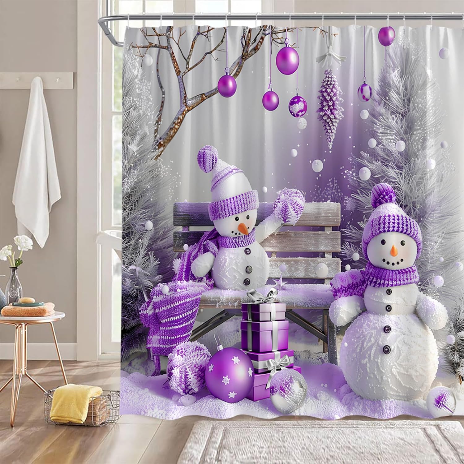Christmas Snowman Shower Curtain Winter Holiday Cute Snowman Pine Tree Xmas Ball Funny Nature Rustic Merry Christmas Fabric Bathroom Decor Curtain With Hooks,70Wx70H Inches