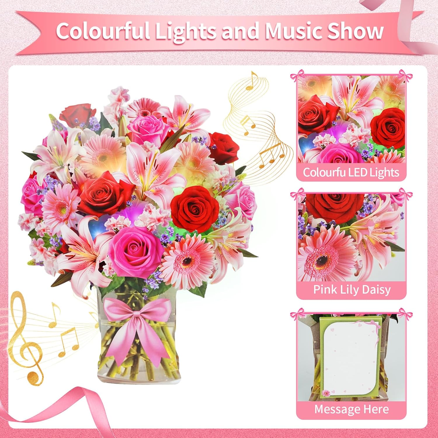 Flower Bouquet Birthday Cards With Music & Lights, Happy Birthday Cards, Lily Daisy Carnations, Anniversary Card, Paper 3D Pop Up Bouquet Greeting Card Gift For Mom Wife Women