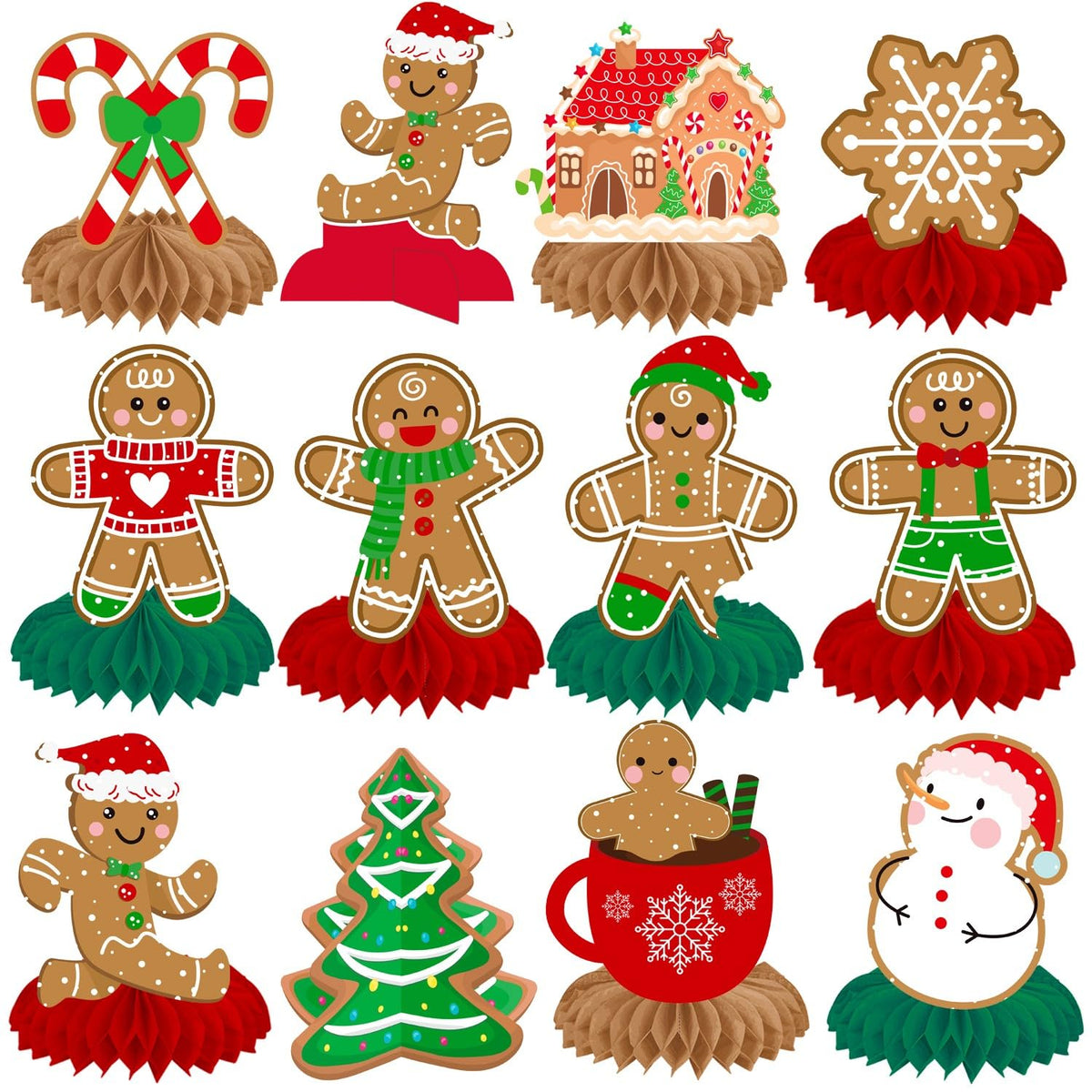 Gingerbread Party Honeycomb Centerpieces 12Pcs Christmas Gingerbread Man Table Centerpieces Gingerbread Theme Table Decorations For Winter Christmas Snowman Party Supplies