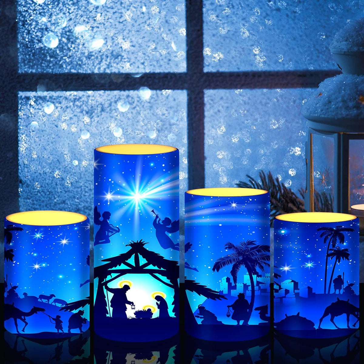 Christmas Nativity Scene Candles Led Religious Theme Flameless Candles Battery Operated Led Warm Light Flickering Pillar For Xmas Holiday Table Decorations (Romantic)