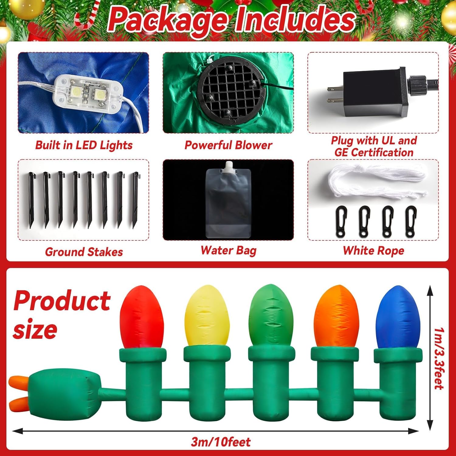 3.3 Ft Tall 10 Ft Long Giant Inflatable Christmas Light Bulb With Led Lights Outdoor Decoration Xmas Blow Up Ornament Bu