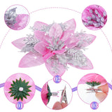 24 Christmas Glitter Artificial Poinsettia Flowers Xmas Poinsettia Artificial Wedding Flowers Decorations Xmas Tree Ornaments With Clips For Party Favors, 6 Inch, 4 Inch, 3 Inch (Pink And Silver)