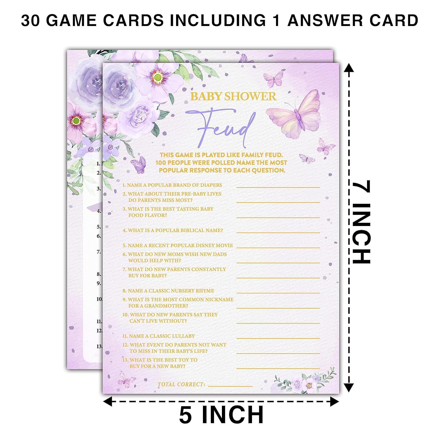 Butterfly Kisses 30 Baby Shower Feud Game Cards With 1 Answer Card, Gender Reveal Party Supplies Favors (5"X7") - B07