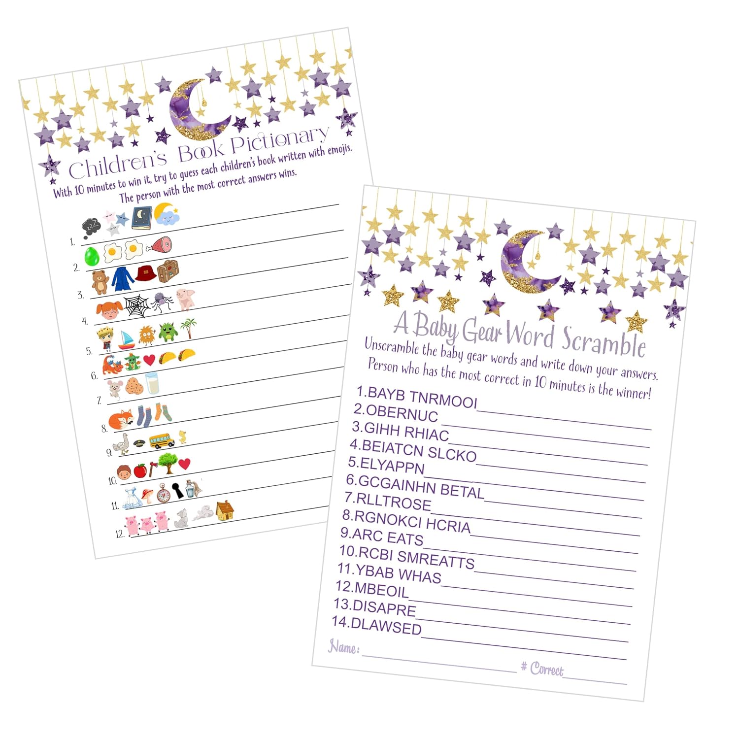 Twinkle Little Star Baby Shower Games - Gender Neutral Emoticon Guessing Activities - 25 Cards Pack - Fun For Guests - Purple And Gold Moon Theme