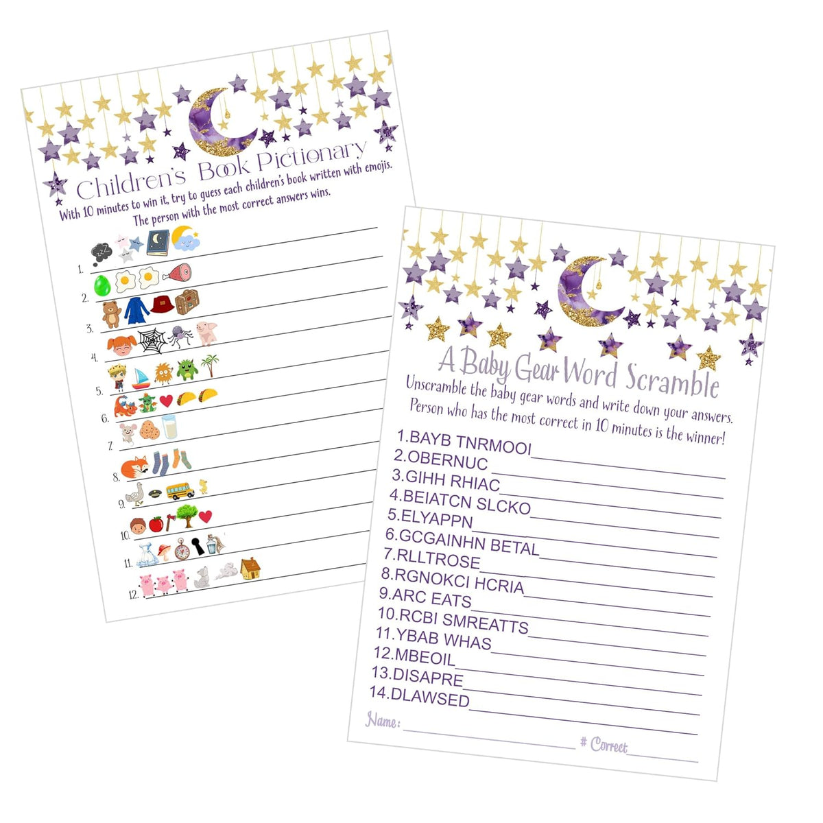 Twinkle Little Star Baby Shower Games - Gender Neutral Emoticon Guessing Activities - 25 Cards Pack - Fun For Guests - Purple And Gold Moon Theme