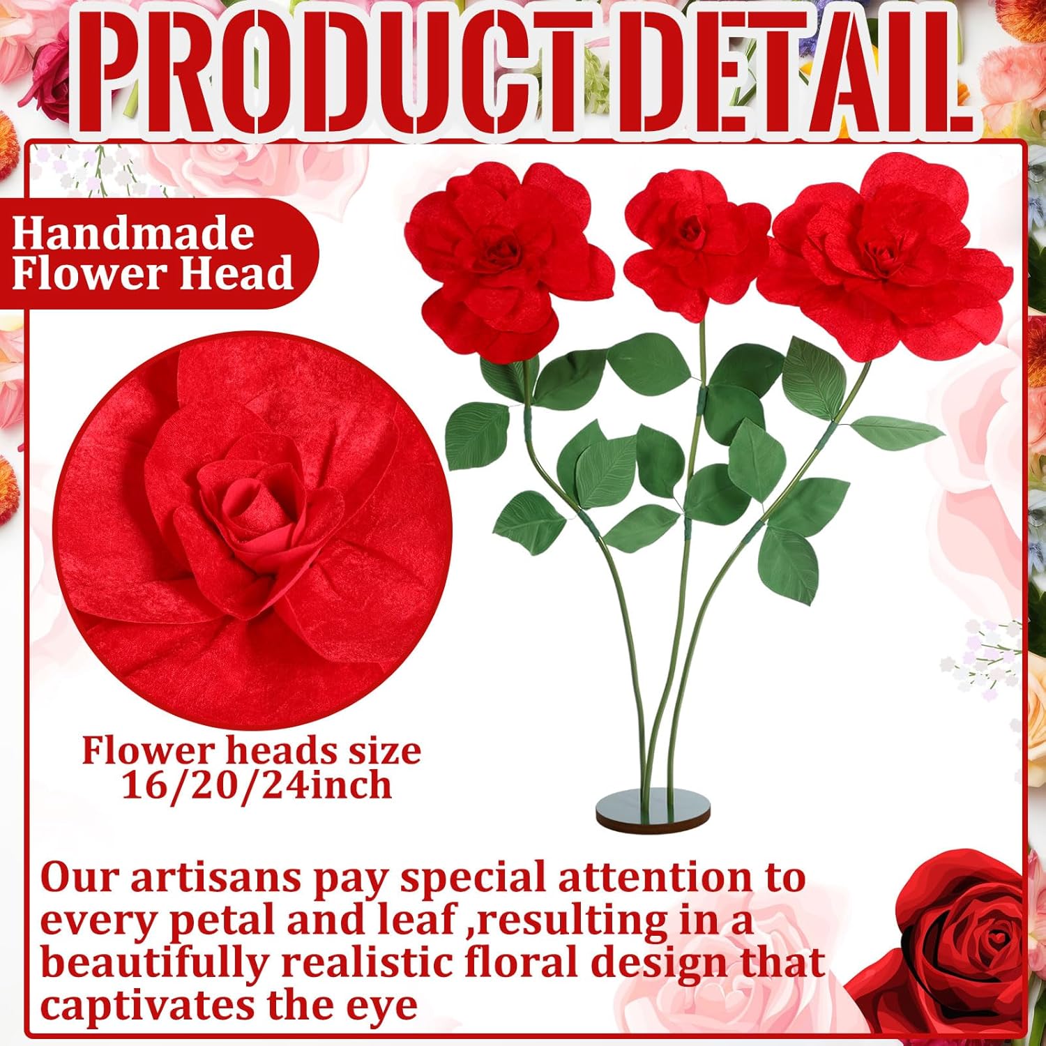 1 Set 5.9 Ft Valentines Giant Artificial Flowers Decoration Flannel Rose With Standing Stems And Base Valentines Giant Flowers Decoration For Wedding Reception Banquet Ceremony Party Window