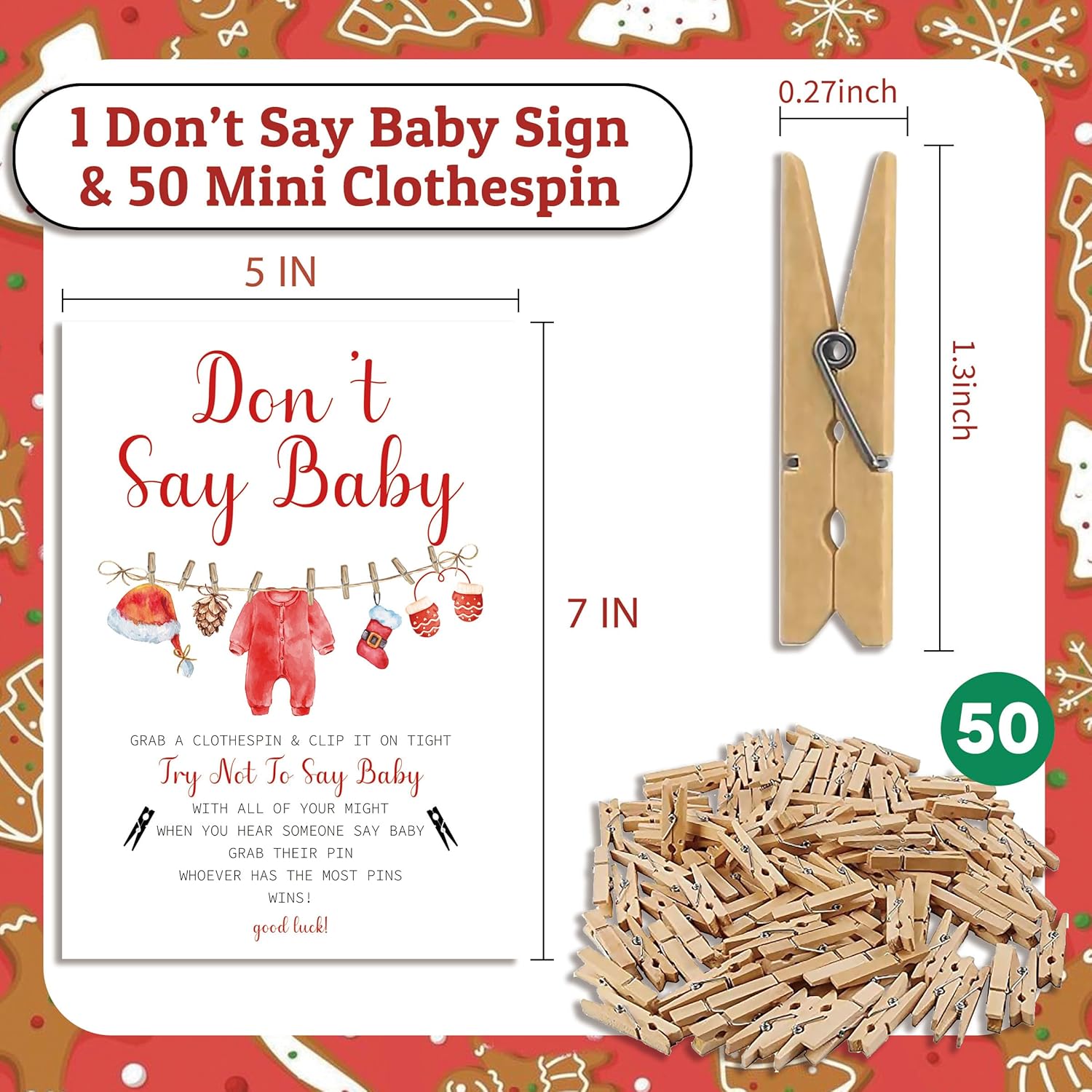 Don'T Say Baby Game, Christmas Baby Shower Game,Winter Baby Shower, 50 Wooden Clothespins And One Sign, Christmas Baby Shower Decorations, Christmas Gender Reveal-Dsbb07
