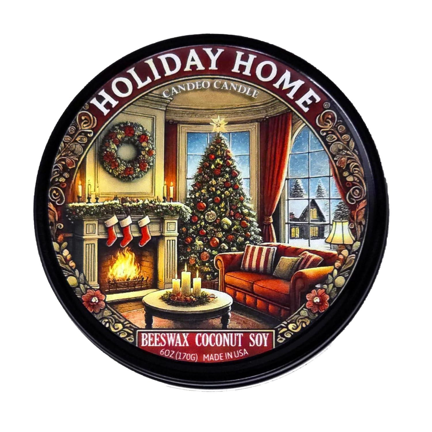 Holiday Home - Container Candle, 6 Oz - Made With Beeswax, Coconut And Soy - Black Tin Candle - Handmade In The Usa - - Christmas And Winter Candles