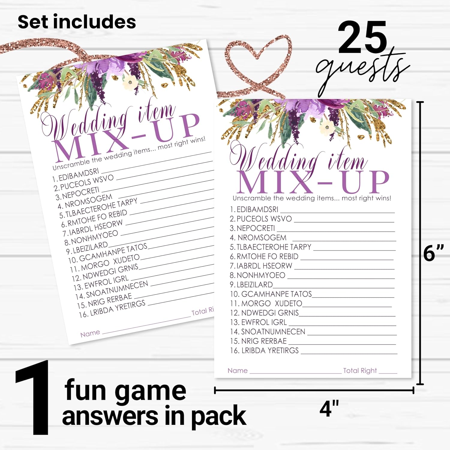 Purple Floral Bridal Shower Games - 25 Wedding Word Scramble Cards - Fun Guessing Activity For Engagement Parties And Rehearsal Dinners - Rustic Theme