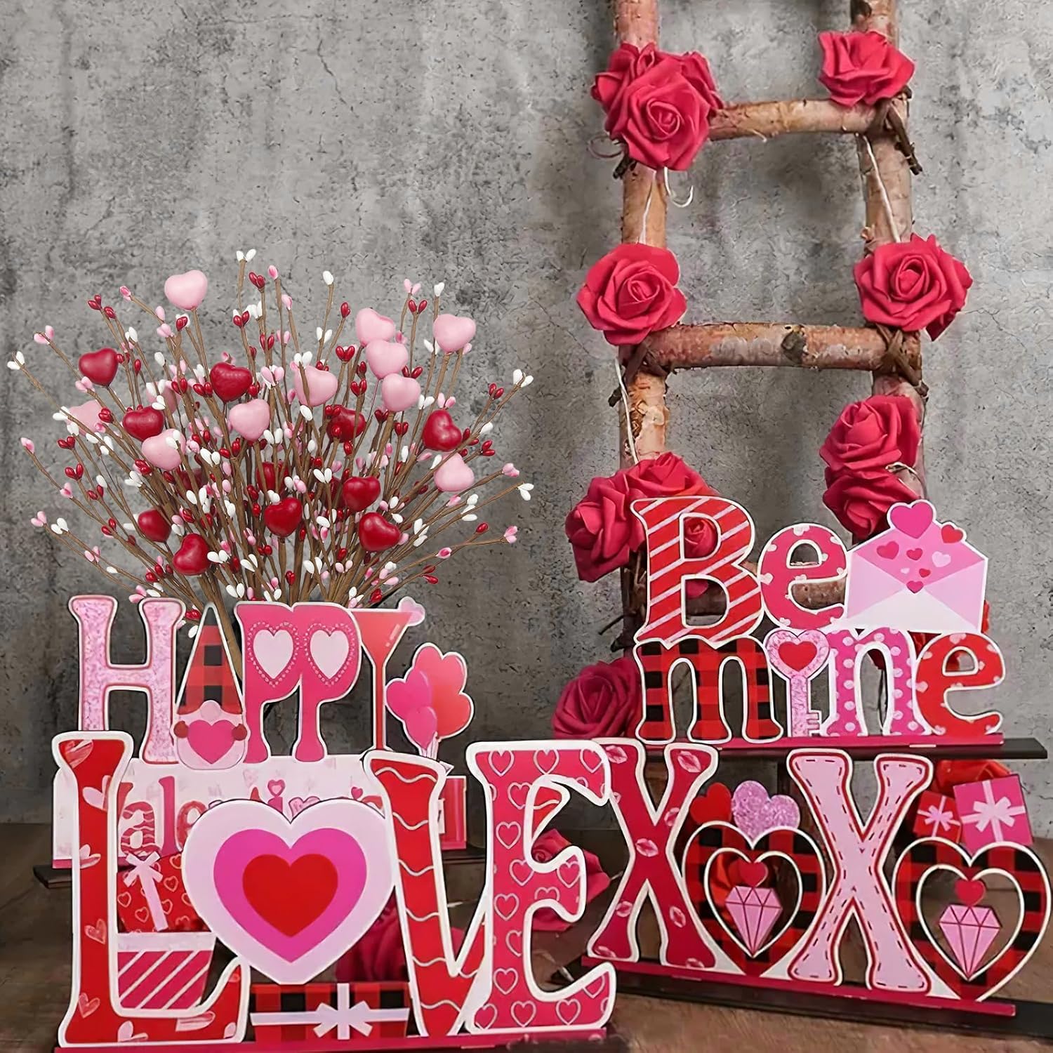 4 Pcs Valentines Day Decor Artificial Flowers Berry Stems Valentine’S Day Picks Artificial Berry Flower With Pink Red Hearts Valentine Floral Picks For Table Centerpiece Anniversary Wedding