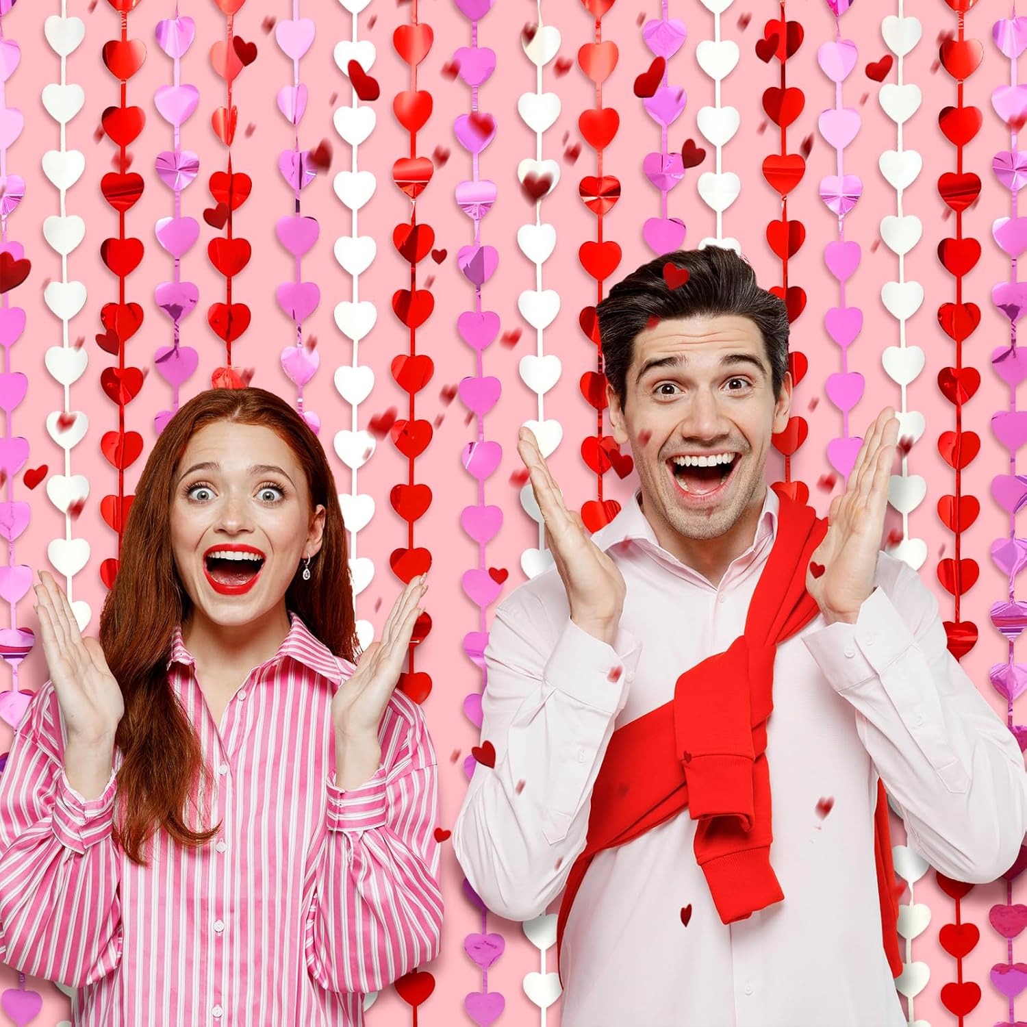 Valentines Decorations, 2 Pack Valentines Party Decoration,3.3X6.6Ft Red, Pink, White Heart Shape Tinsel Foil Fringe Curtains Photo Backdrop,Streamer Backdrop For Birthday,Engagement,Wedding