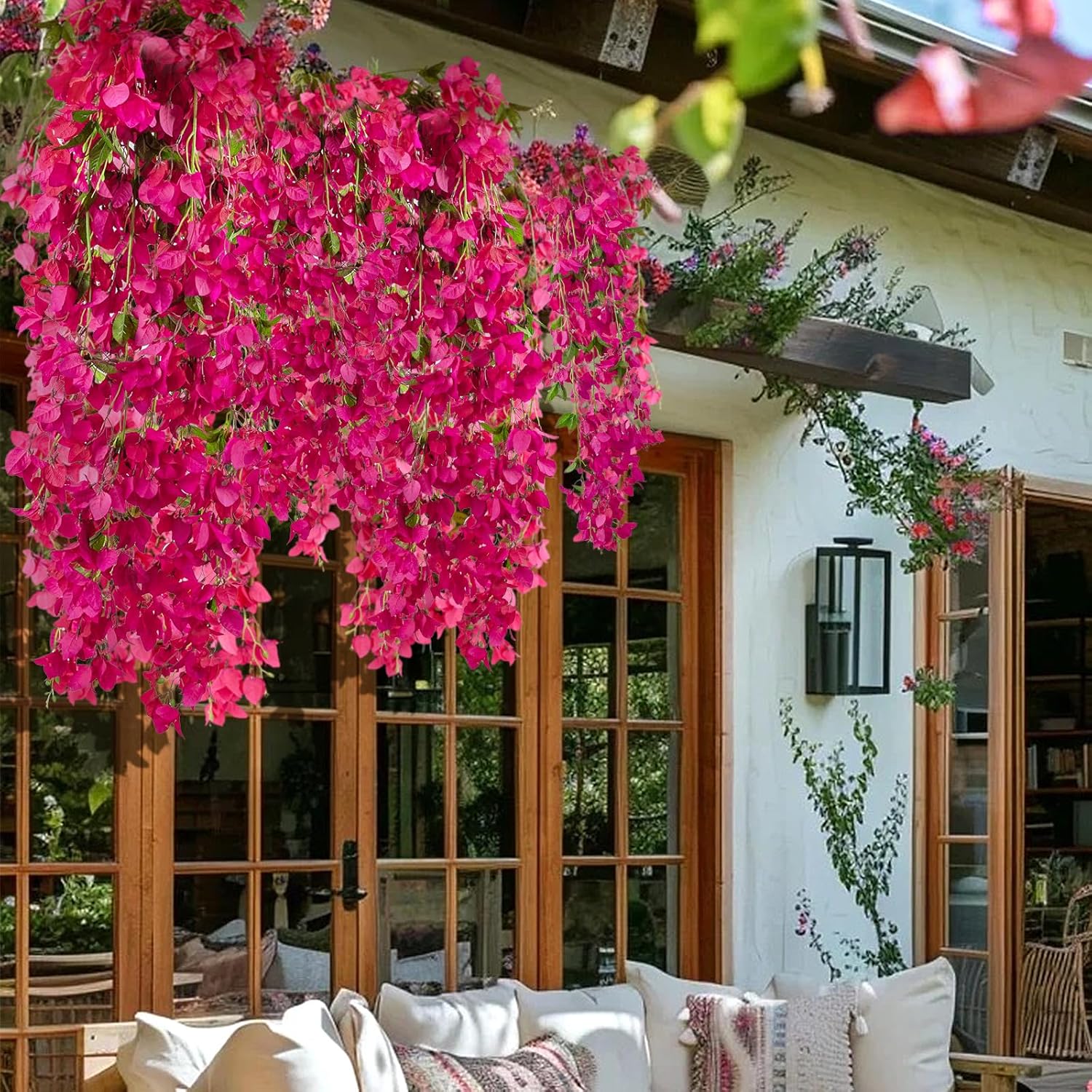 2 Pcs 50 Inch Silk Bougainvillea Artificial Flowers, Faux Triangle Plum Flowers?Fake Bougainvillea Vine, Using For Wedding Porch Home Centerpieces Party Garden Indoor Outdoor Spring Decor (Fuchsia)