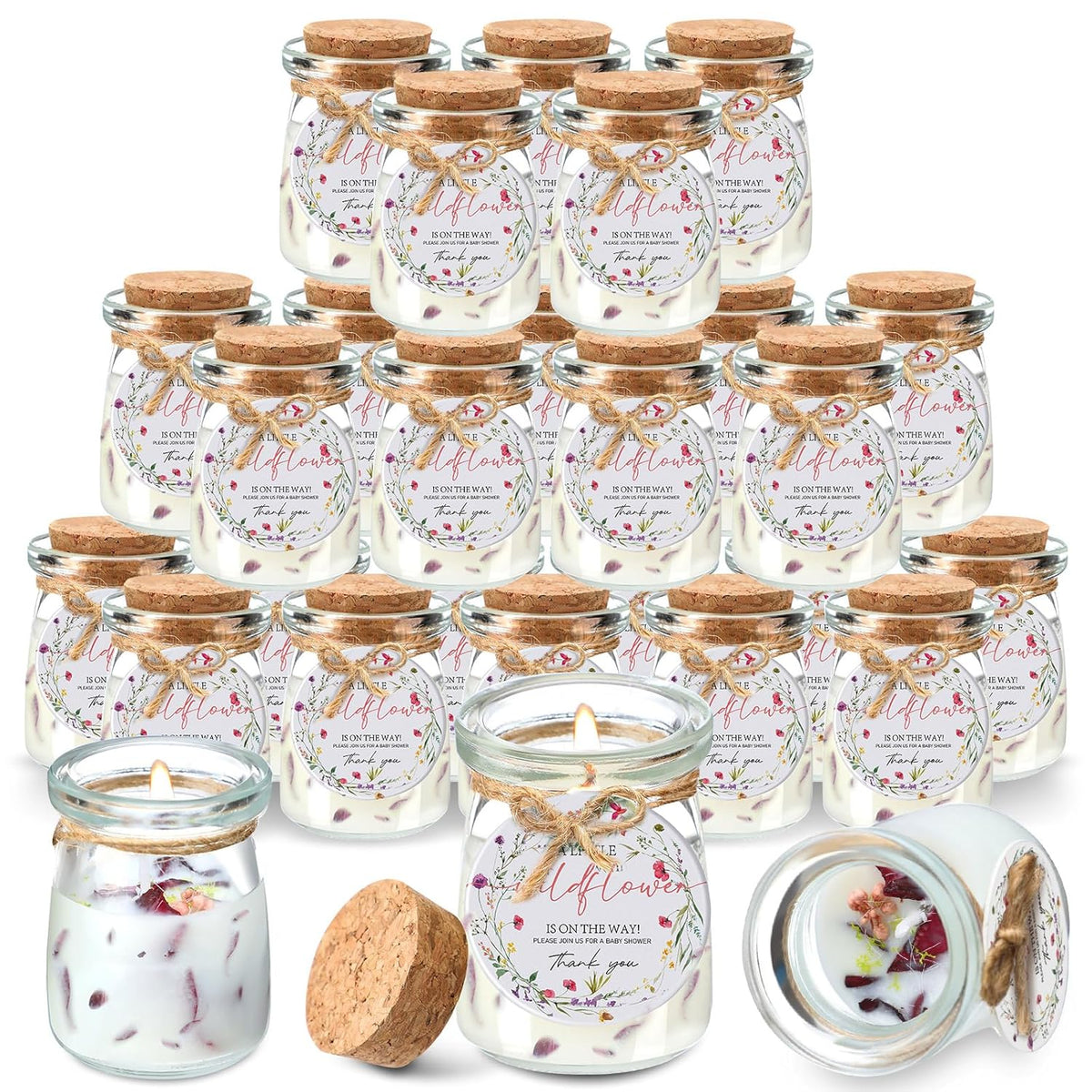 20 Pcs Wildflowers Baby Shower Favors Party Candle Lavender Scented Glass Mason Jar Wax Candle Bulk For Guests Girl Boy Gender Reveal Party Gifts(Colorful)