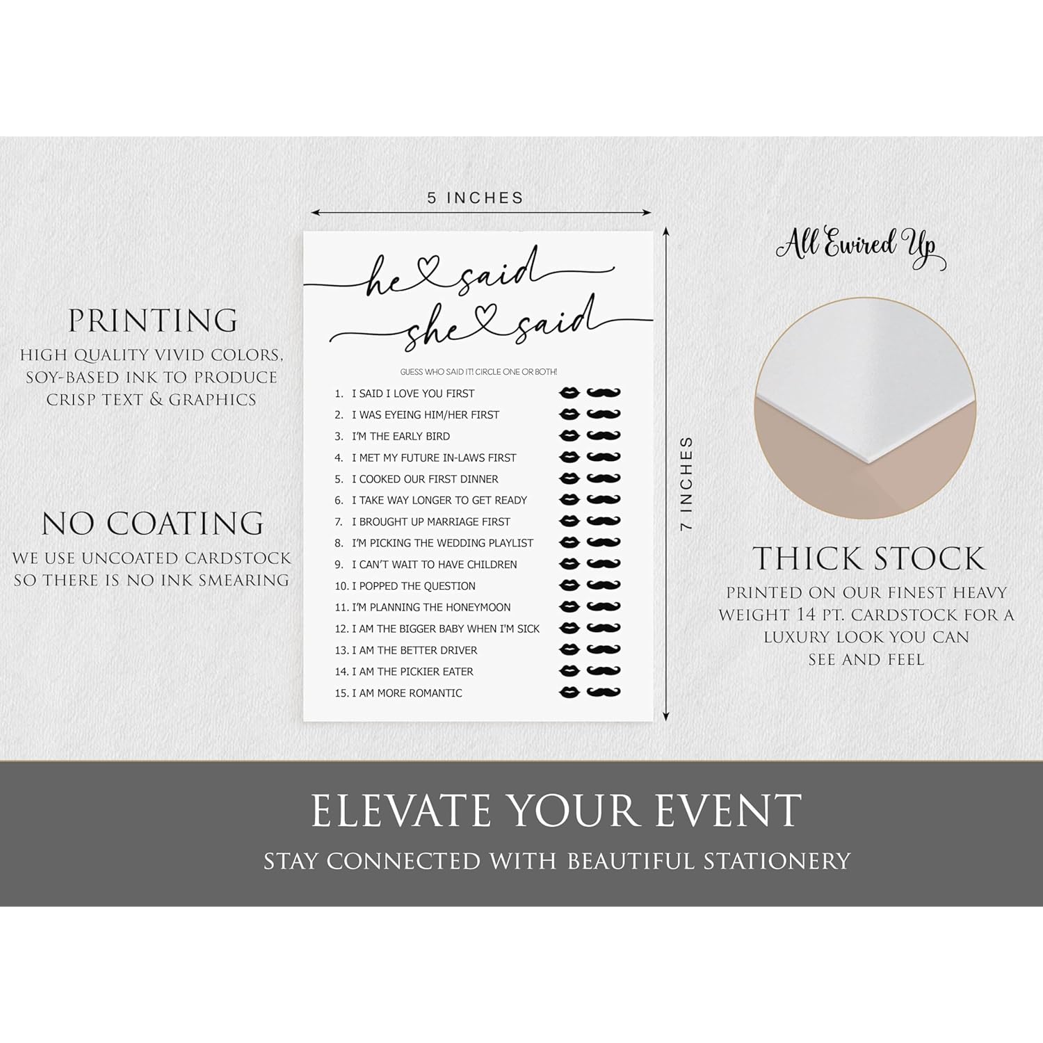 50 He Said She Said Game (50-Cards) Wedding Bridal Shower, Fun Bachelorette, Rehearsal Dinner, Minimalist