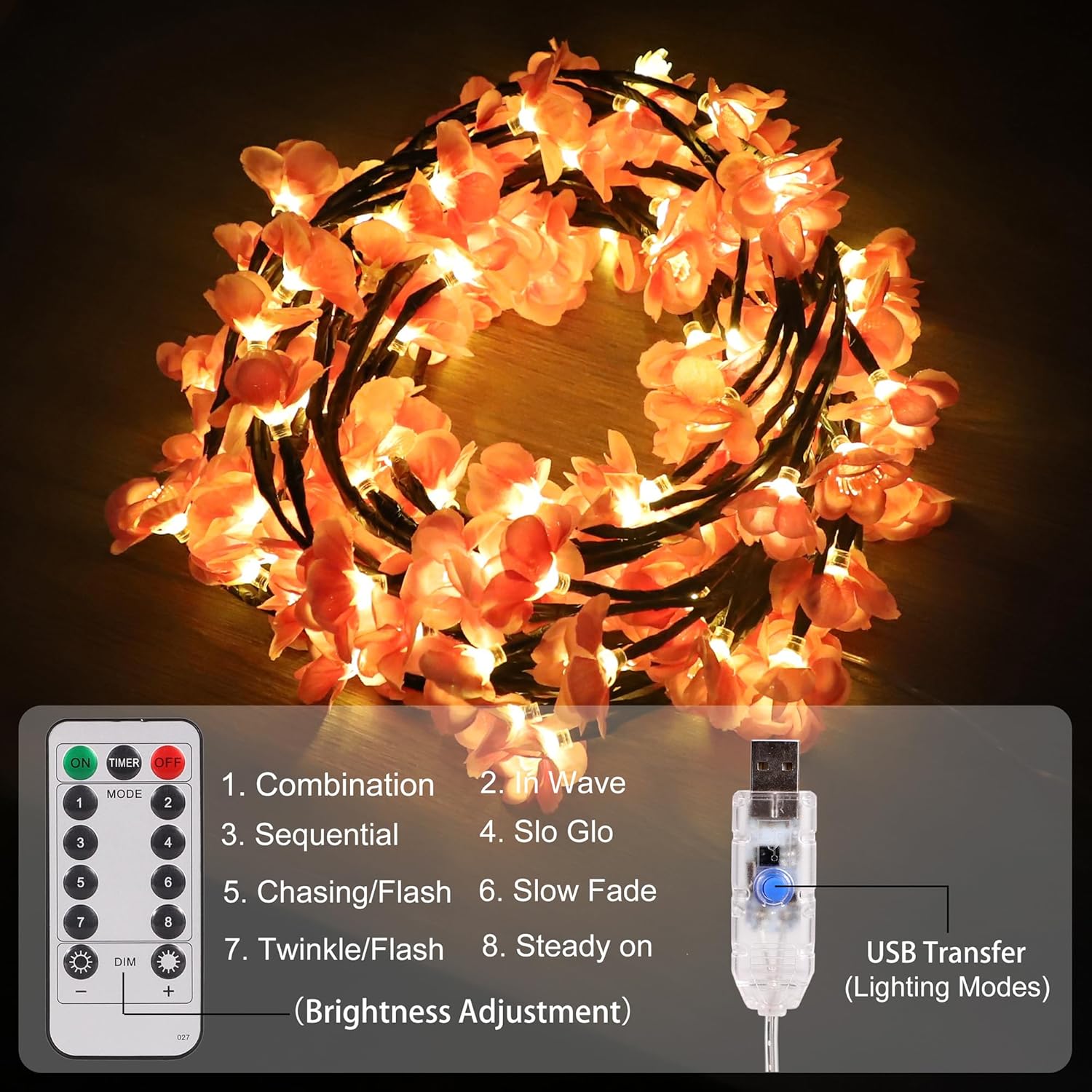 Cherry Blossom Led Lights For Wall Decor, 48 Led Willow Vine Twig Garland With Remote Control, 8 Lighting Modes, Indoor