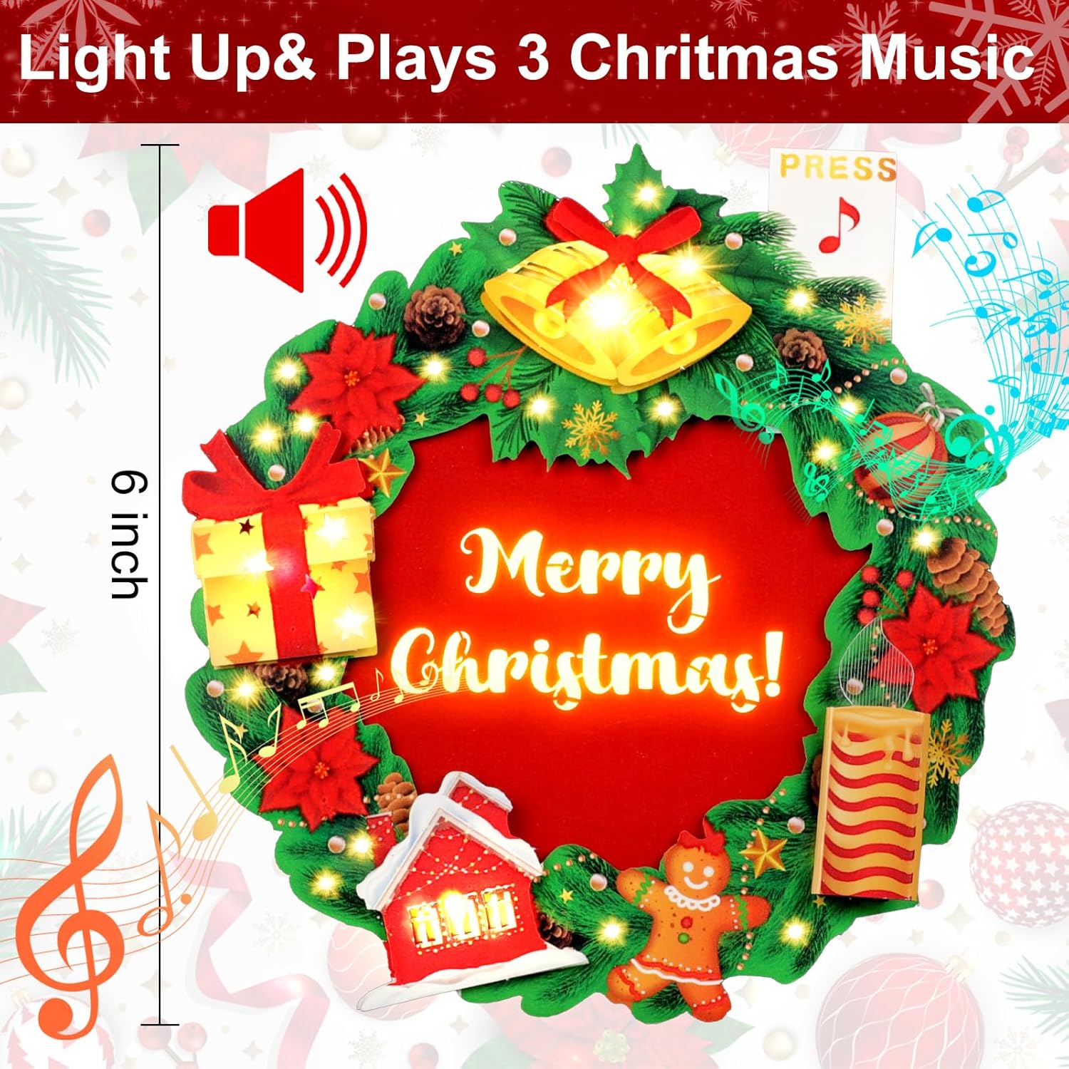 Christmas Cards, Light And Music Christmas Wreath Card, 3D Pop Up Xmas Greeting Card For Women Men Kids Husband Wife Mom Dad Daughter, Decoration For Tree
