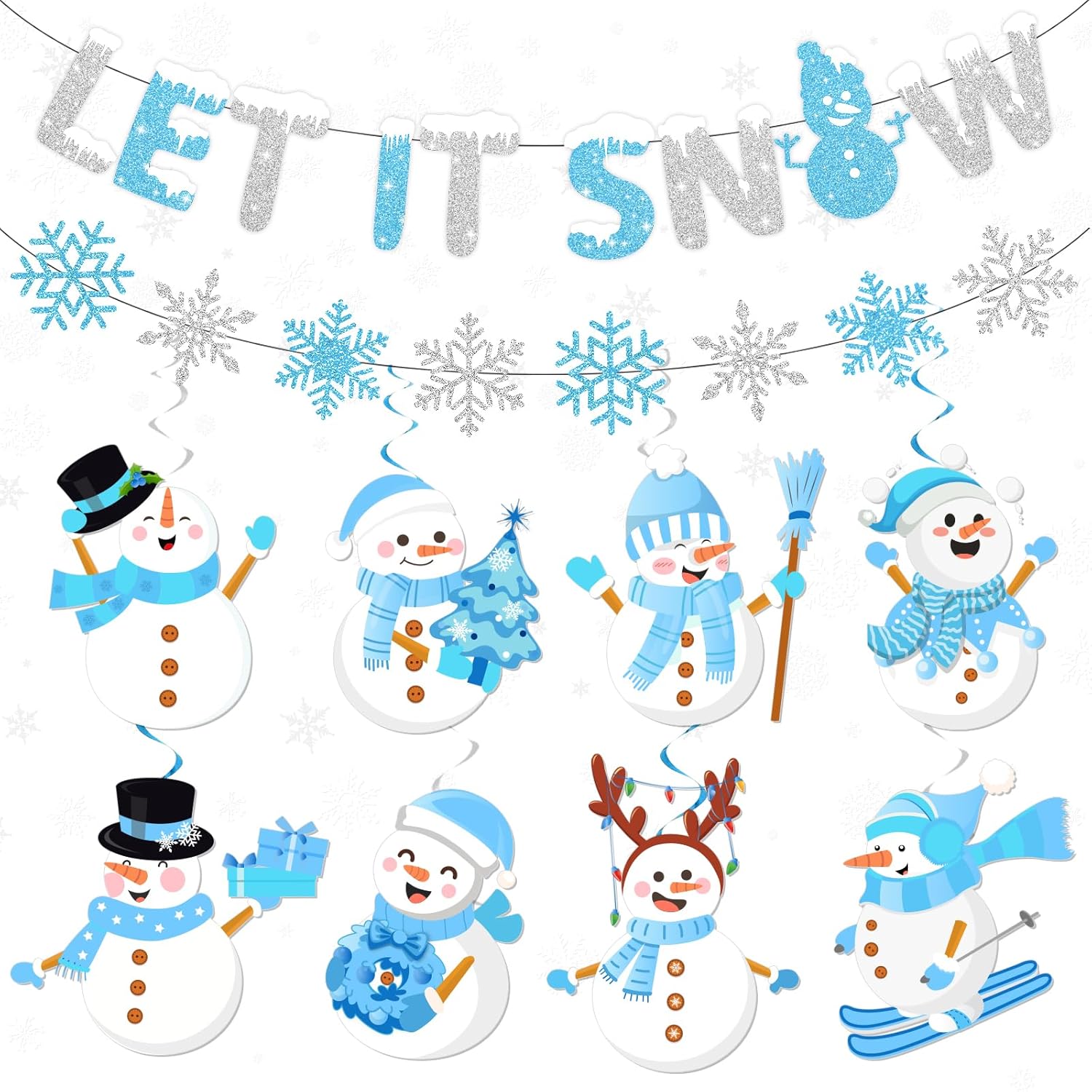 Snowflake Party Decorations,Winter Wonderland Decorations Includes Let It Snow Banner,Snow Garland And Christmas Snowman Hanging Swirls, Let It Snow Party Decorations For Indoor Winter Holiday