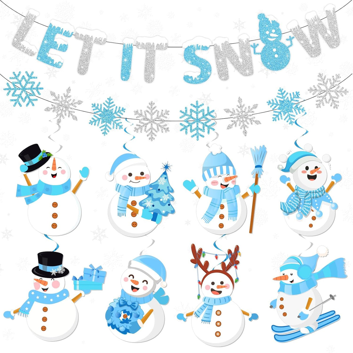 Snowflake Party Decorations,Winter Wonderland Decorations Includes Let It Snow Banner,Snow Garland And Christmas Snowman Hanging Swirls, Let It Snow Party Decorations For Indoor Winter Holiday