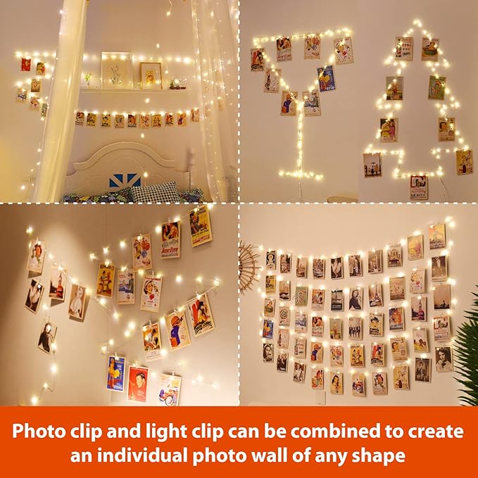 40FT Photo Clip Fairy Lights 120 LED Warm White String Lights with 52 Clear Clips 12 Hooks USB Powered 8 Modes Timer for Bedroom Wedding Party Decor
