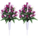 Artificial Cemetery Flowers,Outdoor Grave Decorations Roses,Arrangements Bouquet With Cemetery Vase, Silk Flowers For Long-Lasting Remembrance (Purple)