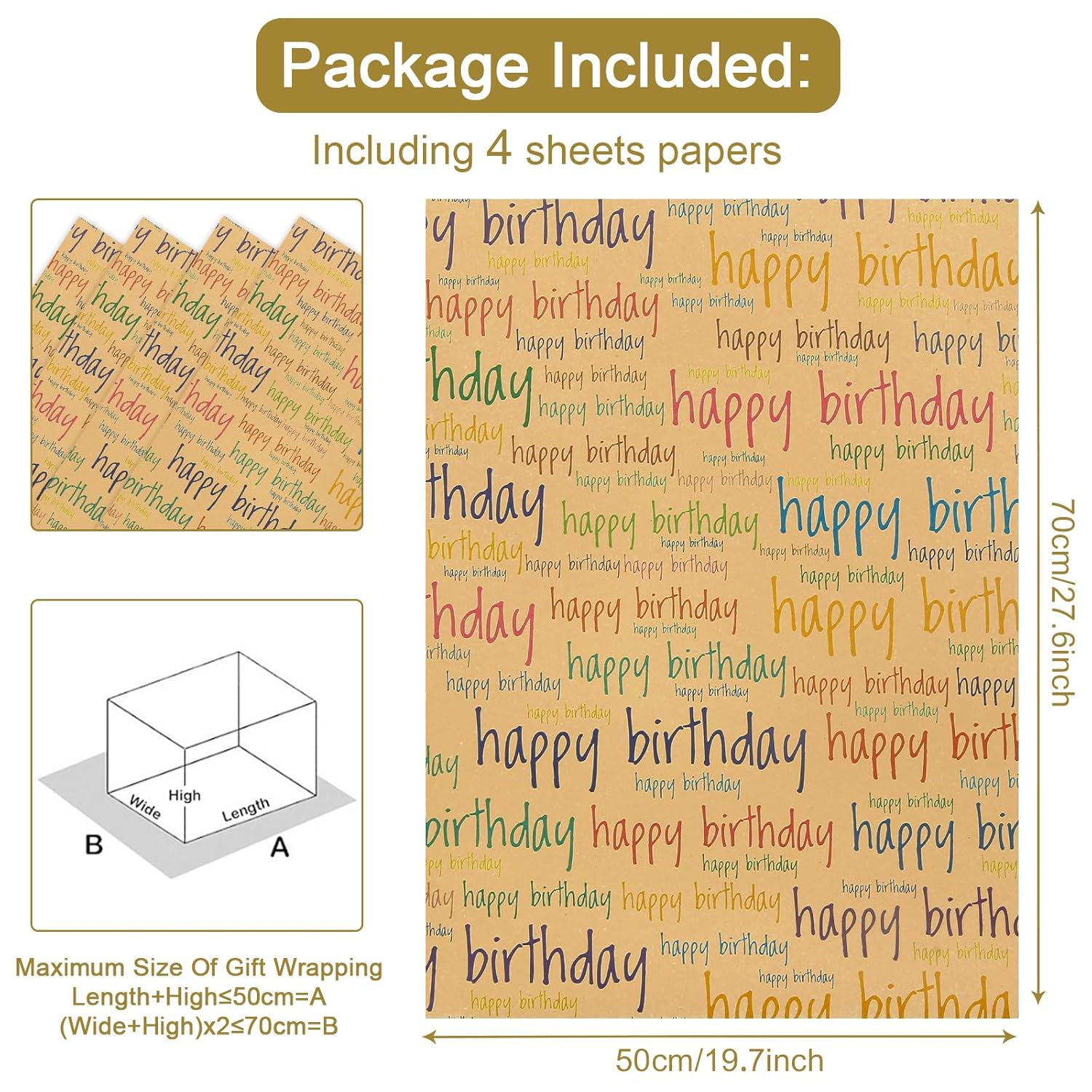 Happy Birthday Wrapping Paper For Men Women Boys Girls Kids, 20 X 28 Inches Per Sheet (4 Sheets: 15 Sq. Ft. Ttl.) Brown Recycled Kraft Folded Gift Wrap Paper For Baby Shower Daddy All Birthday Occasions