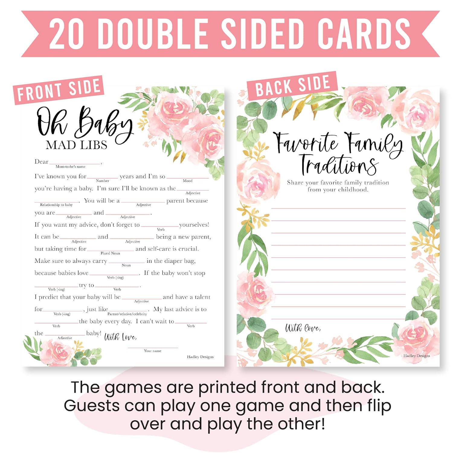 20 Floral Baby Shower Games For Girls-Hilarious Baby Shower Games, Advice Cards Mad Libs Funny Game, Family Tradition Cards