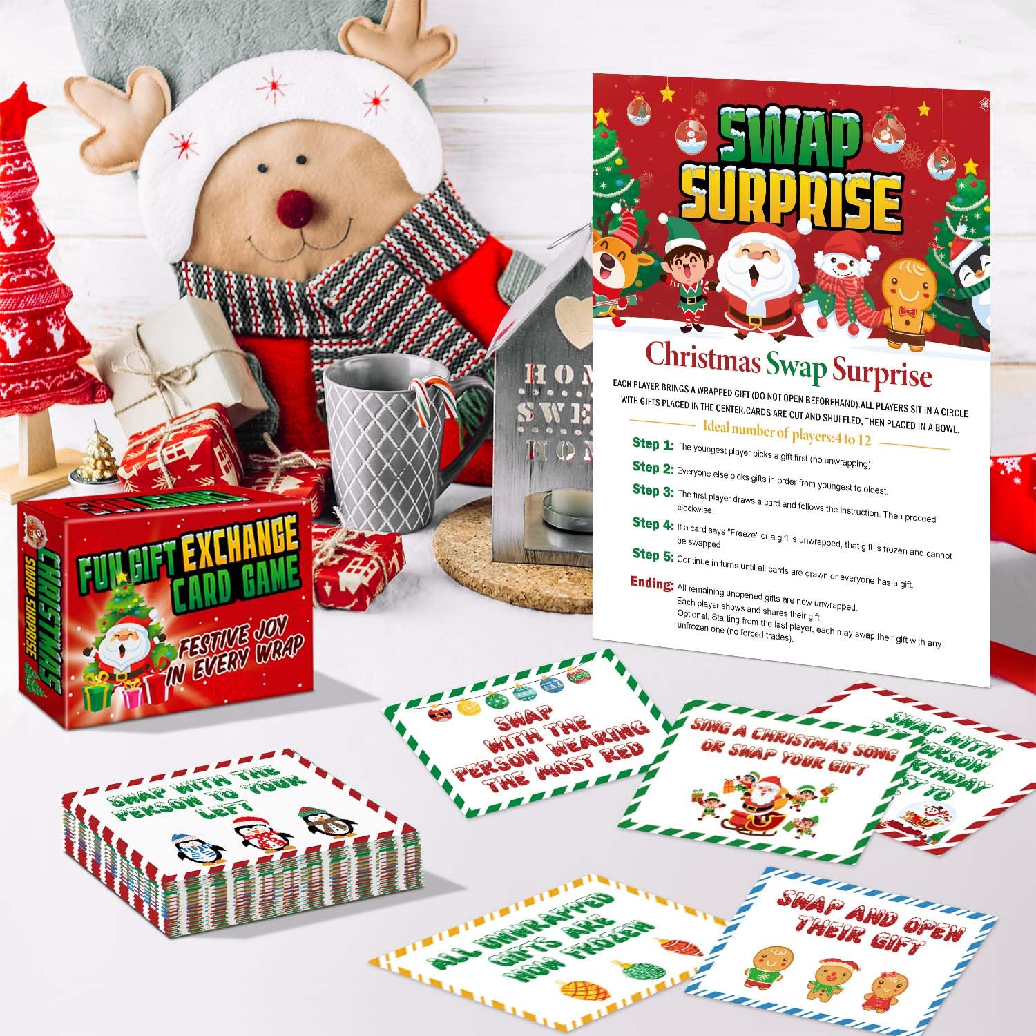 Christmas Exchange Game, Christmas Games Cards With Box, White Elephant Gift Exchange Cards Holiday Present, Christmas Games For A Group Family Coworker Xmas Party Supplies