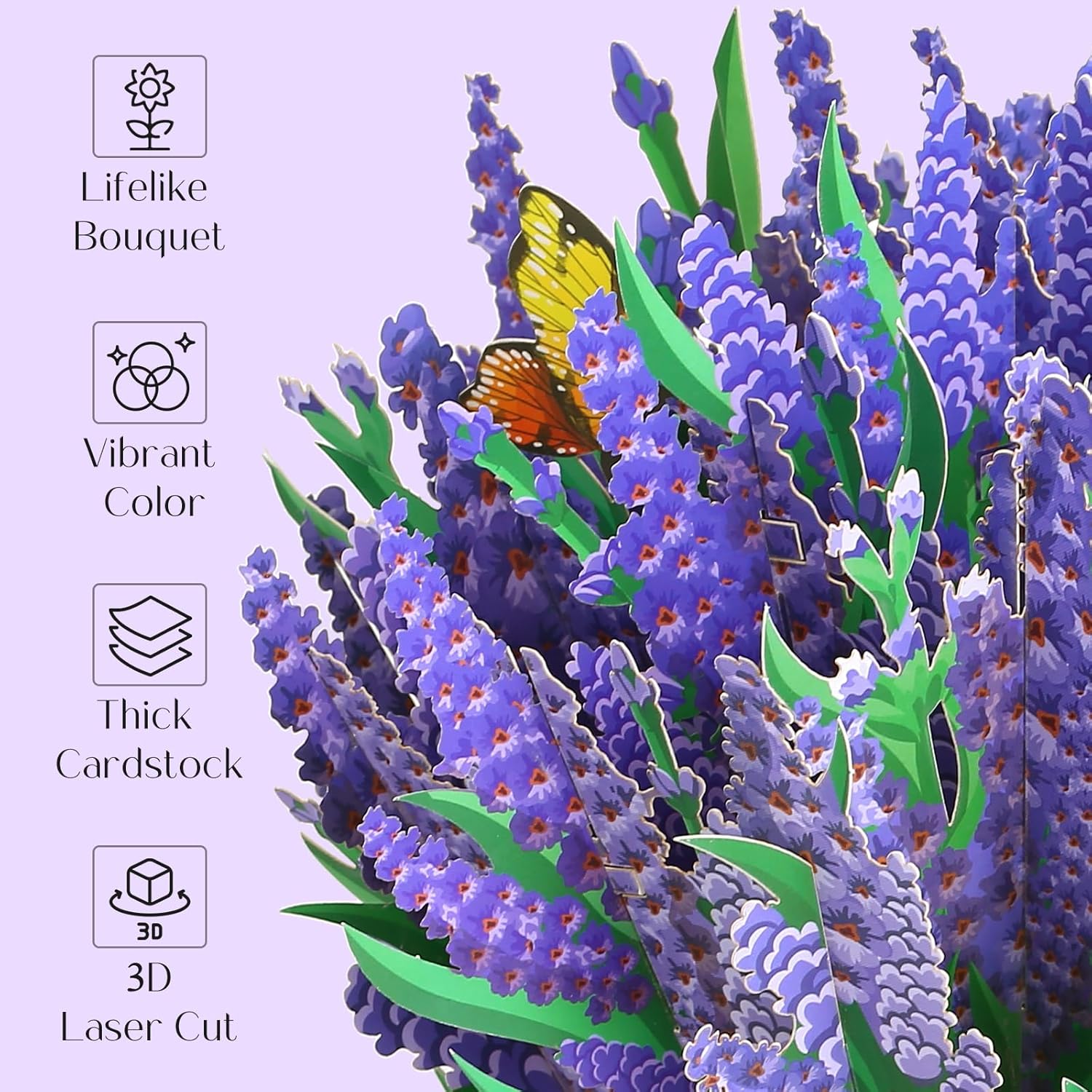 Lavender Flower Bouquet Pop Up Greeting Card With Envelop, 3D Effect, Purple, Foldable, Handcrafted