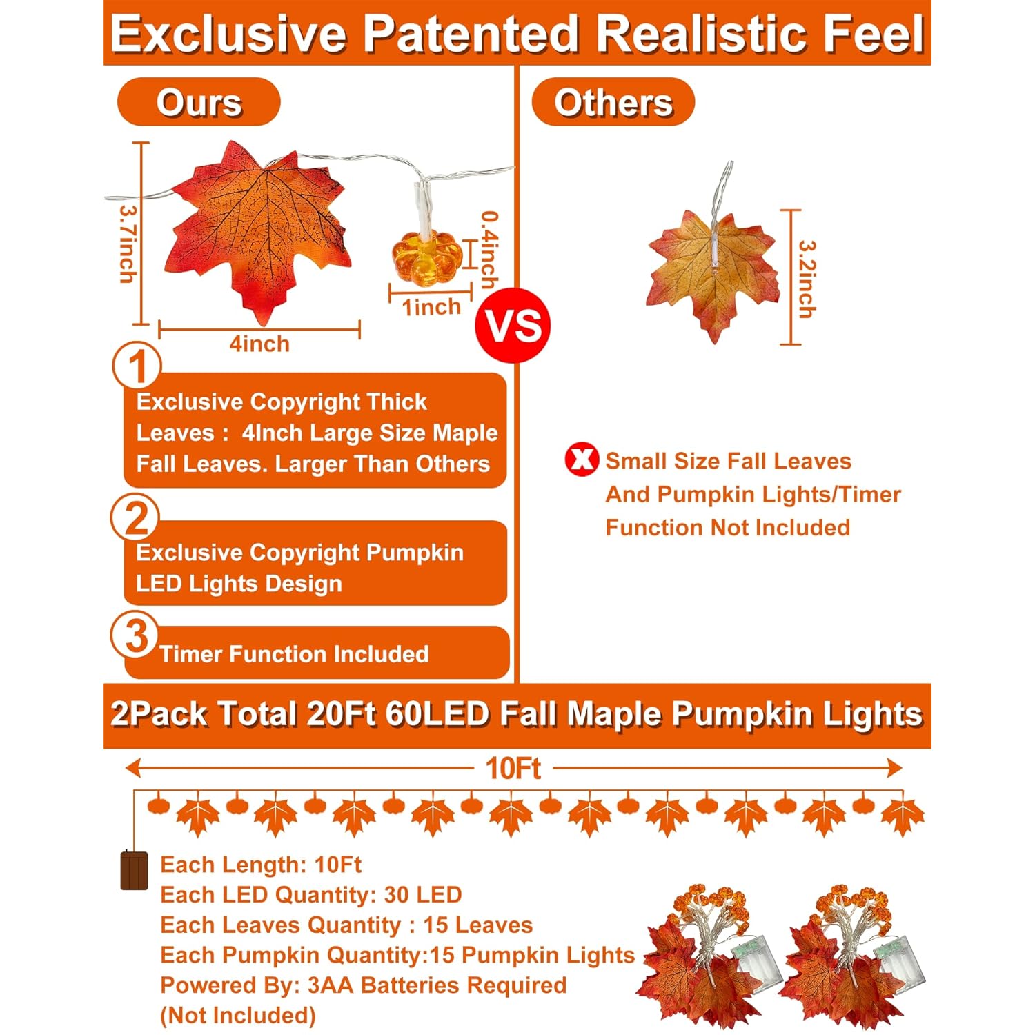2 Pack & Timer - Thanksgiving Decorations Fall Garland With Pumpkin Lights Fall Decorations For Home, Total 60Led 20Ft M